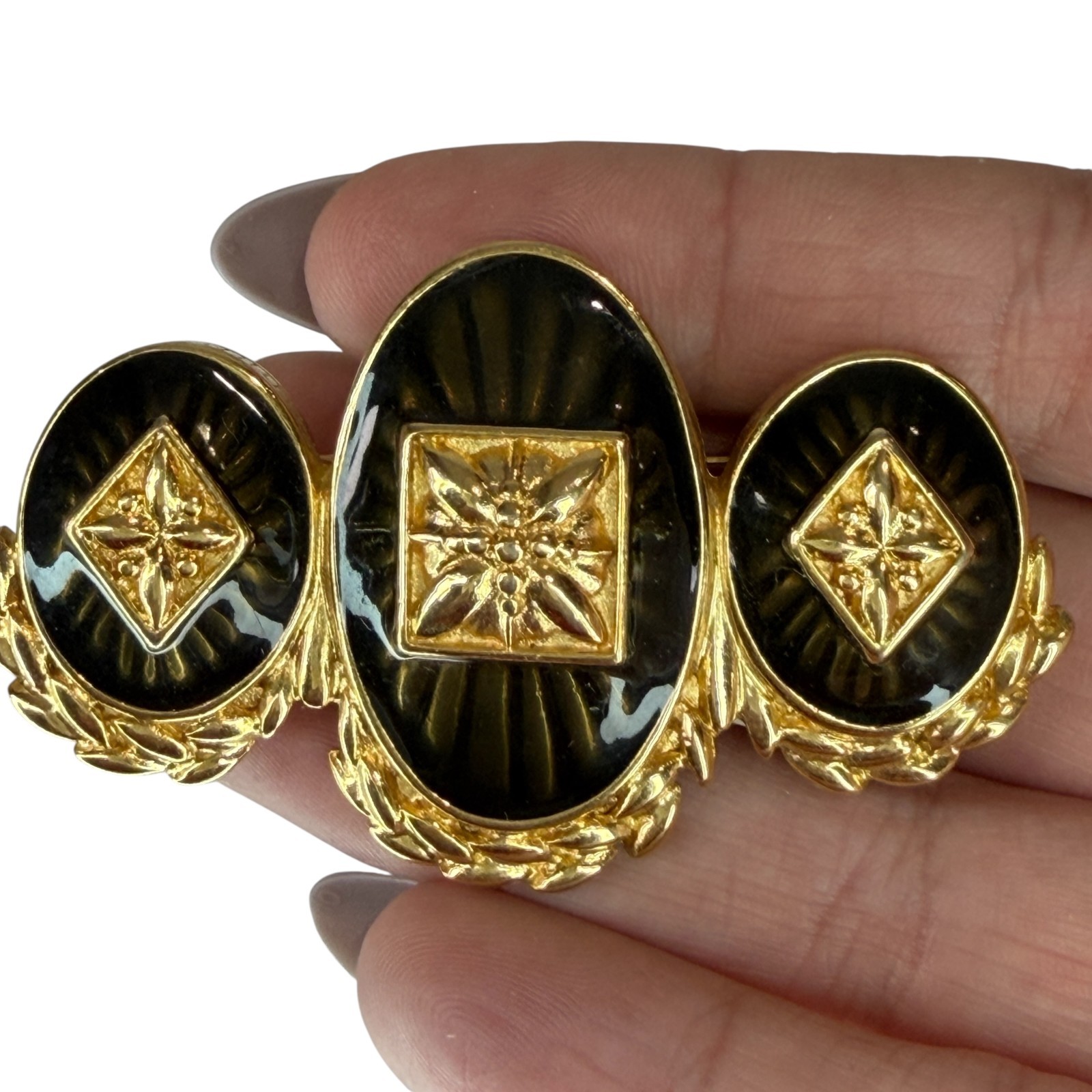Monet Black Enamel and Gold Tone Three ovals bar Vintage Brooch Signed