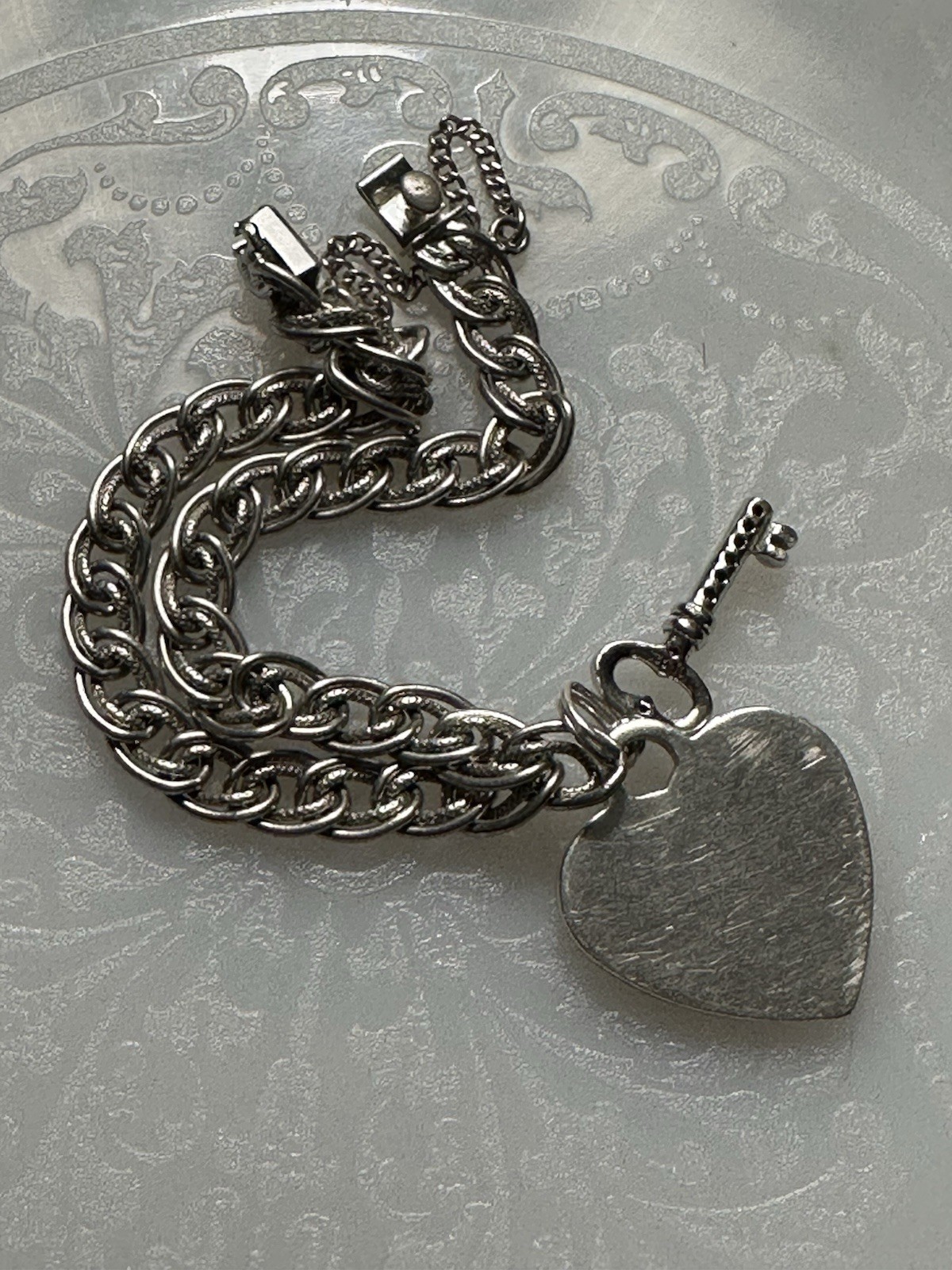 Vintage Sterling Silver Double Link Charm Bracelet Charms Heart Key 7 1/2” Love