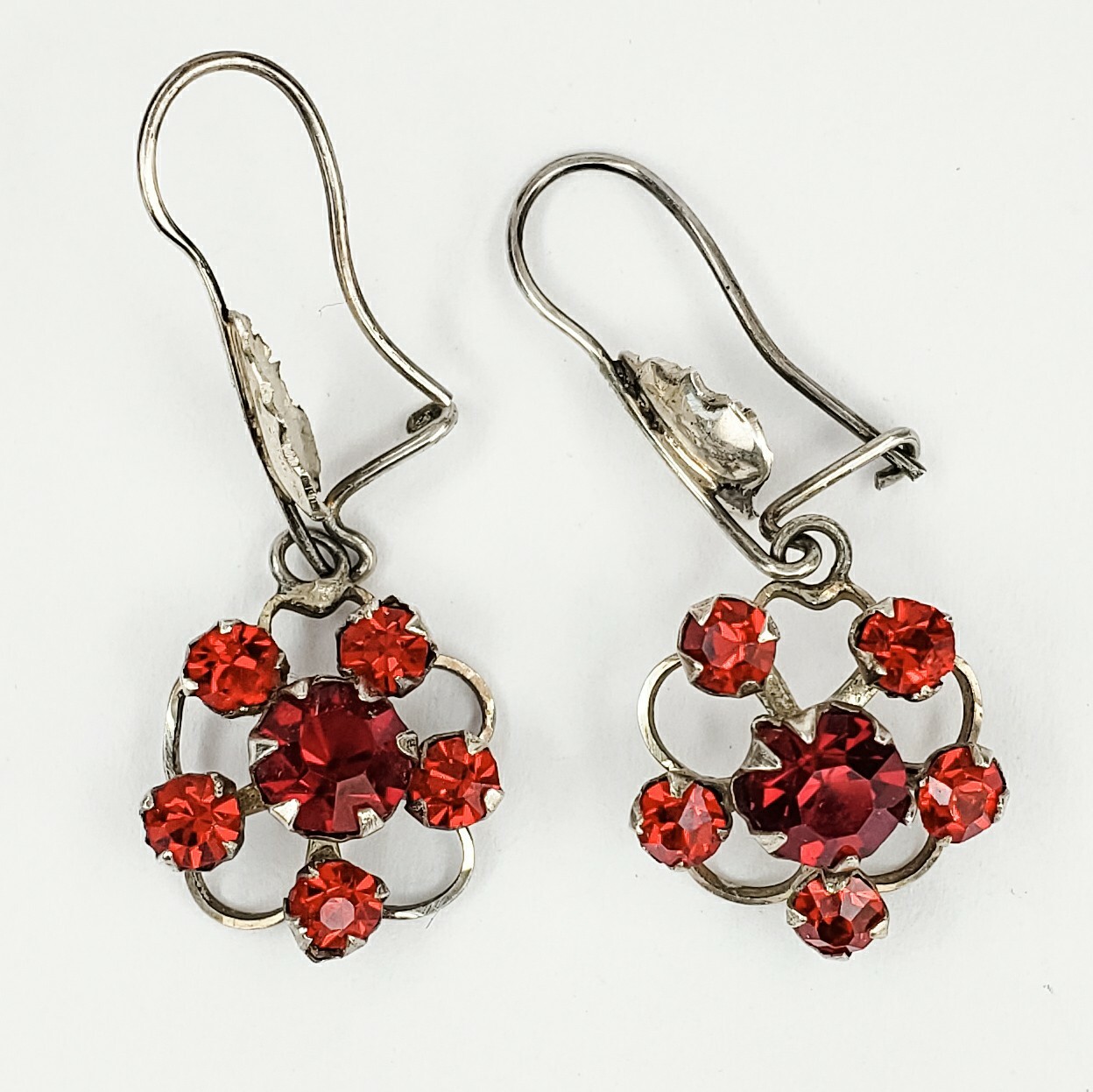 Vintage Silver Tone and Bright Red Rhinestone Earrings