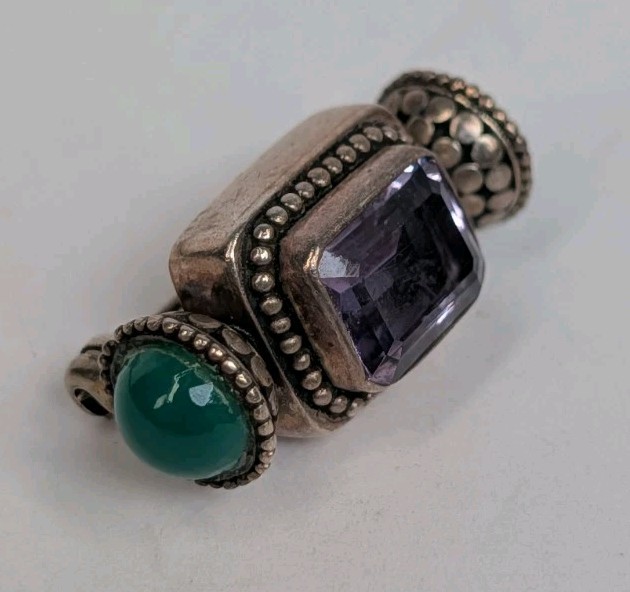 Vintage Sterling Silver 925 Green Bloodstone Amethyst Tibetan Brooch / Pin