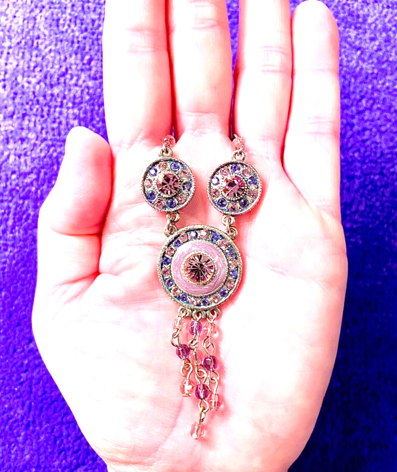 VINTAGE🇺🇸1928 FAIRY FANTASY PURPLE+PINK AUSTRIAN CRYST+ENAMEL NECKLACE VG+✨VTG