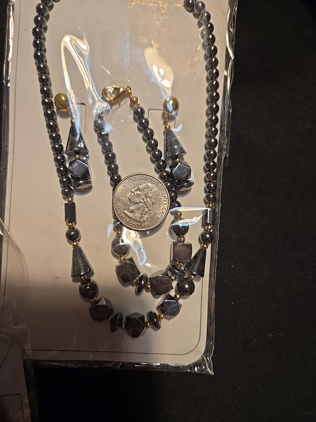 Vtg Hematite Necklace Bracelet Earrings Set Healing Peace Lot Fashion Jewelry