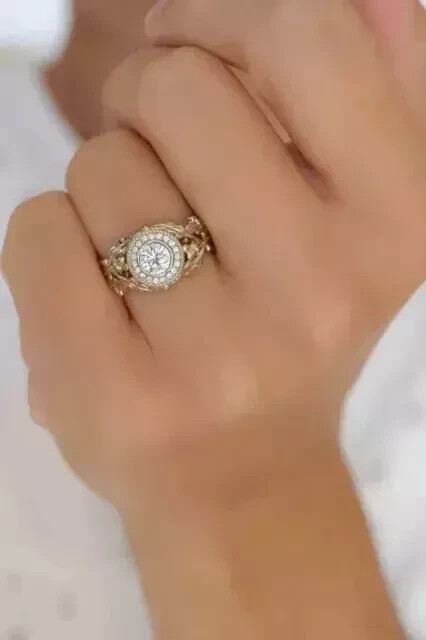 Art Deco Round Cut lab Created Diamond Halo 925 Silver Wedding Engagement Ring
