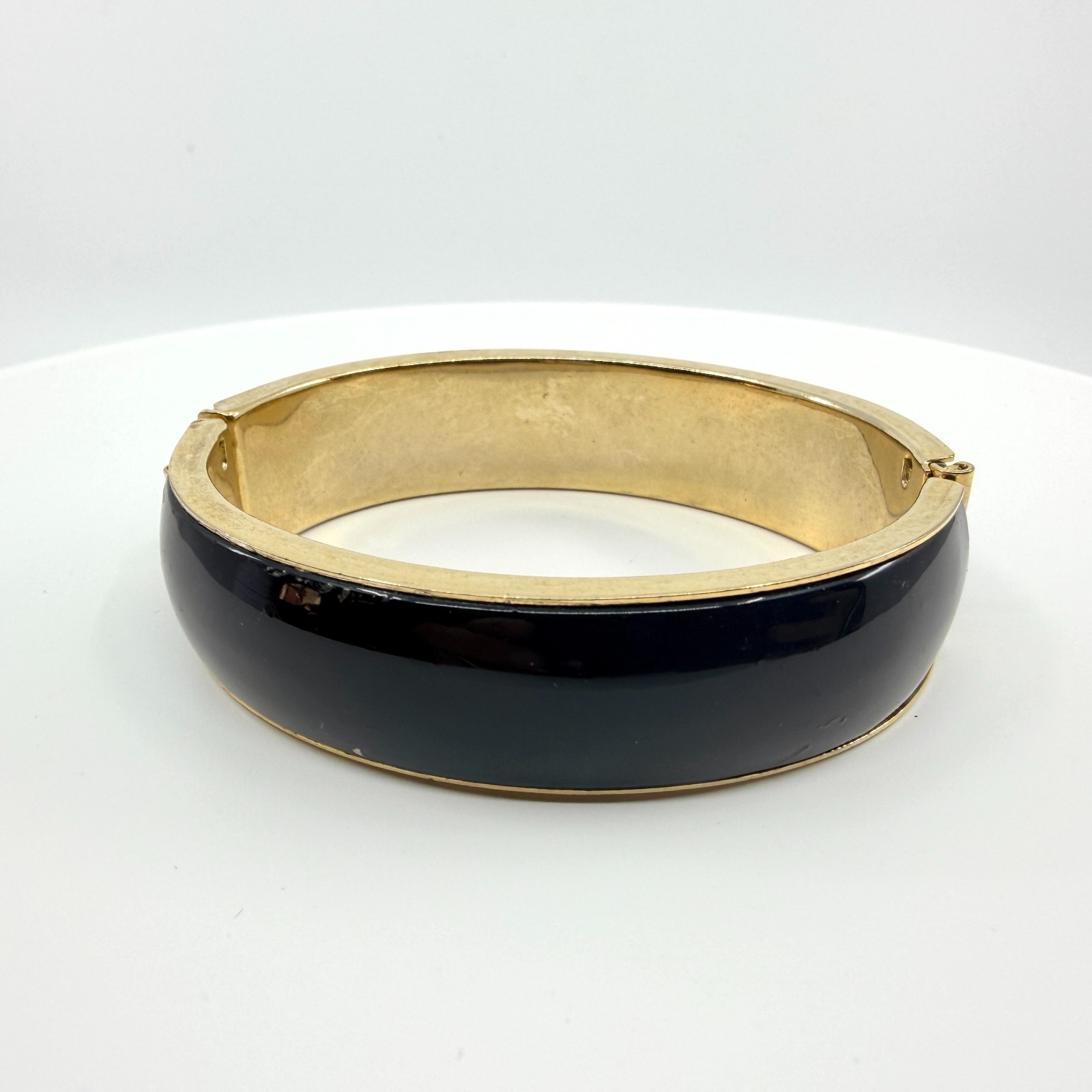 Vintage Gold Tone Black Enamel Hinged Bangle Bracelet Chunky Statement Retro 90s