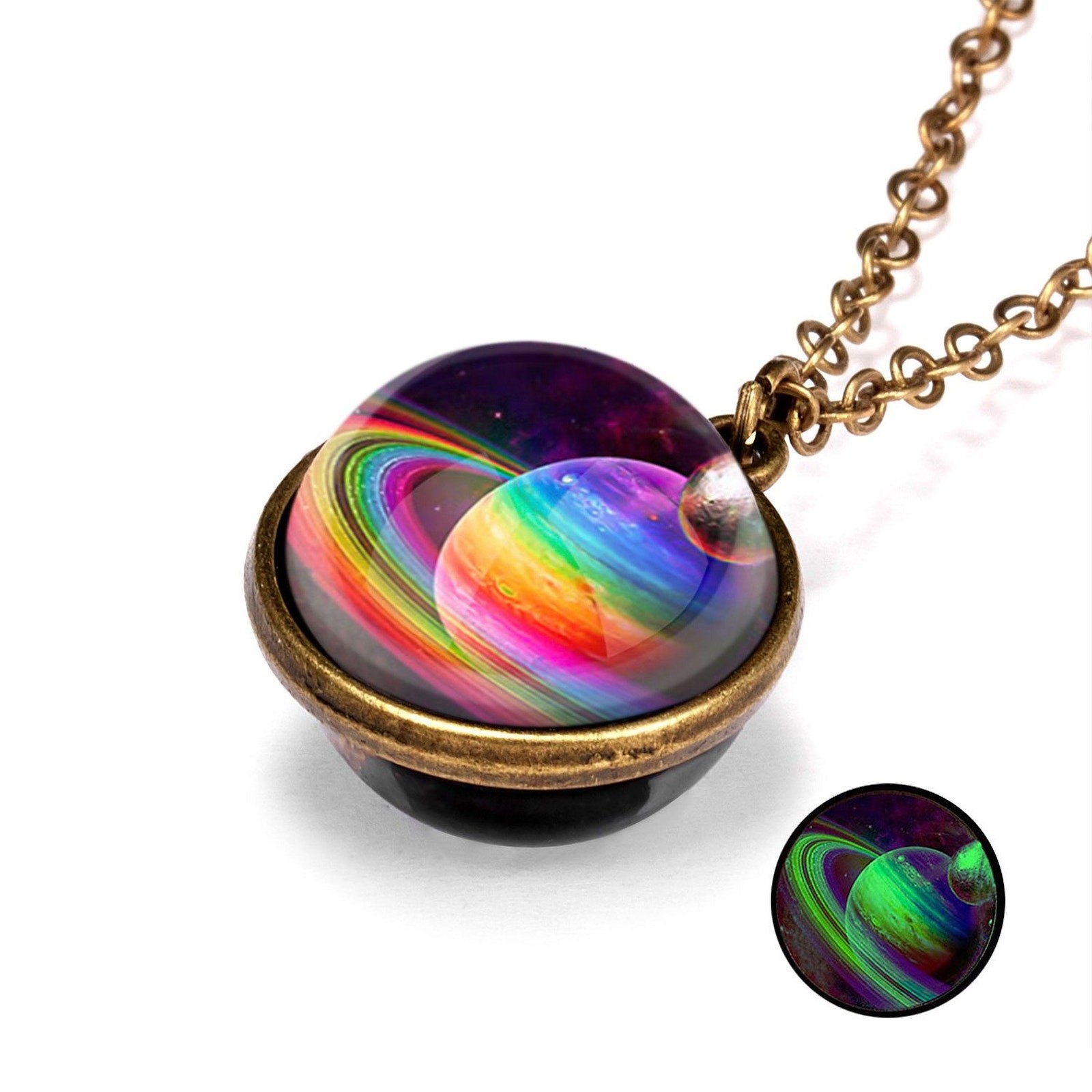 Double-Sided Galaxy Necklace – Glass Dome Pendant with Vintage Chain
