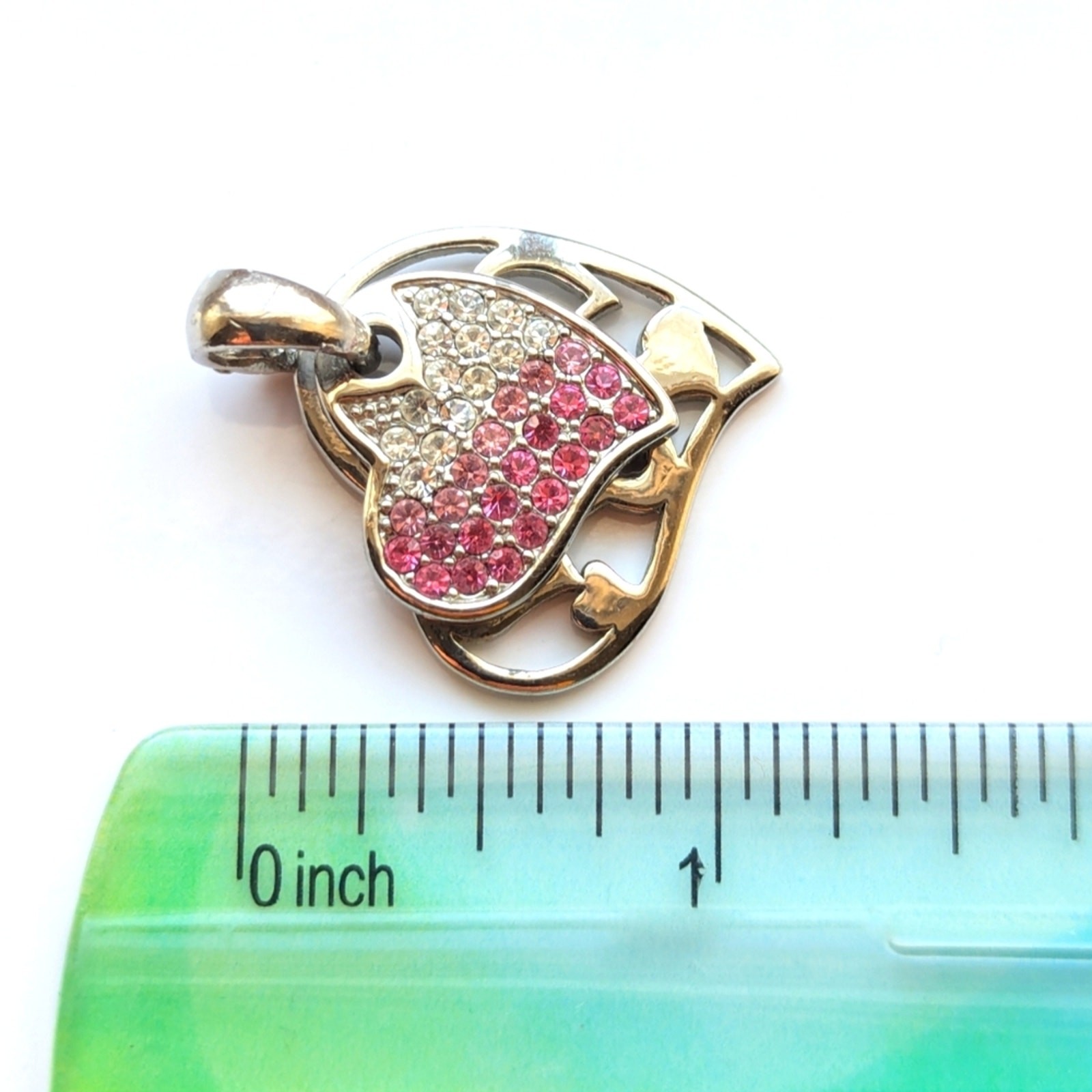 Trendy Pave Rhinestone Layered Silver Tone Open Work Love Heart Necklace Pendant