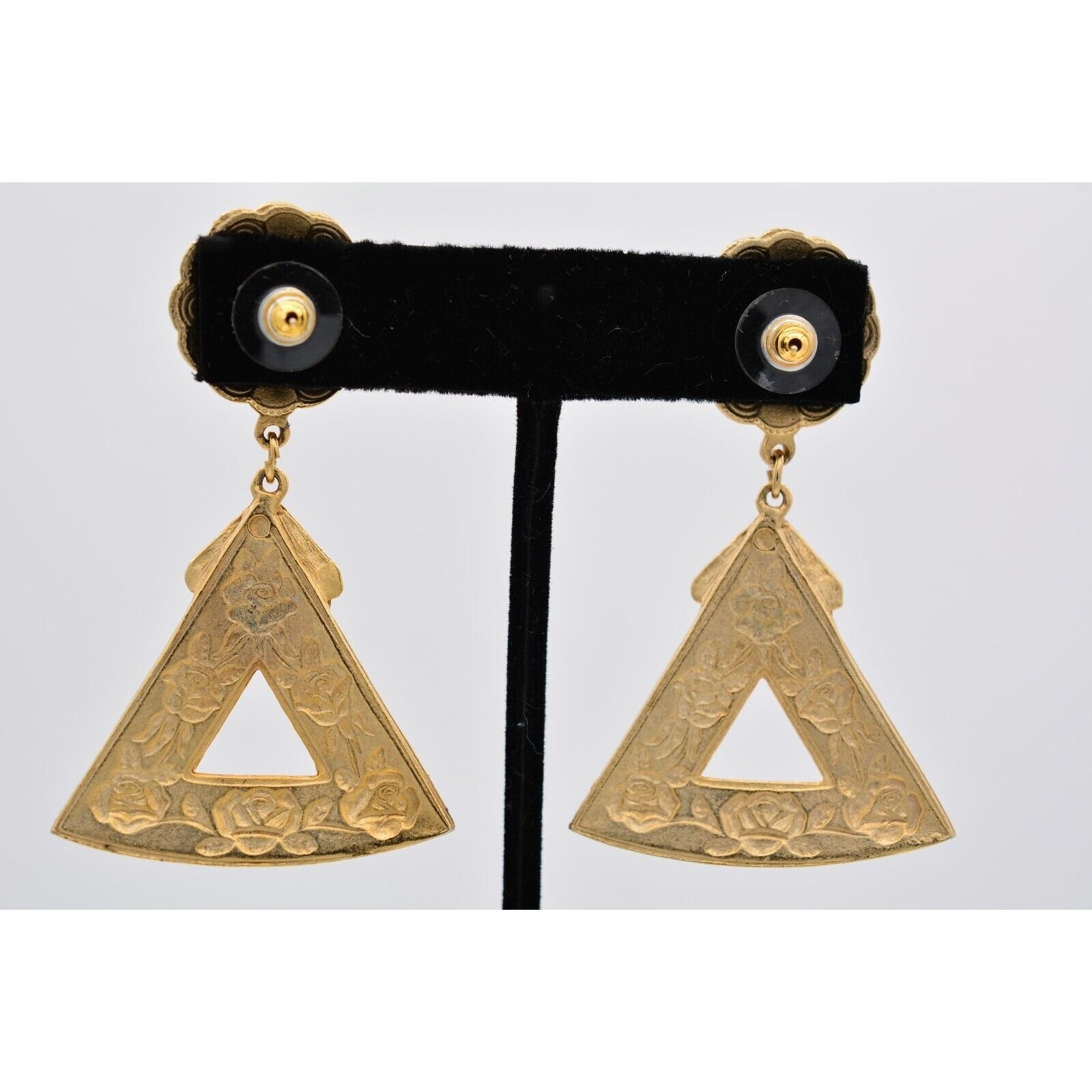 Vintage Statement Dangle Earrings Brushed Gold Floral Heavy Chunky Bold BinAZ
