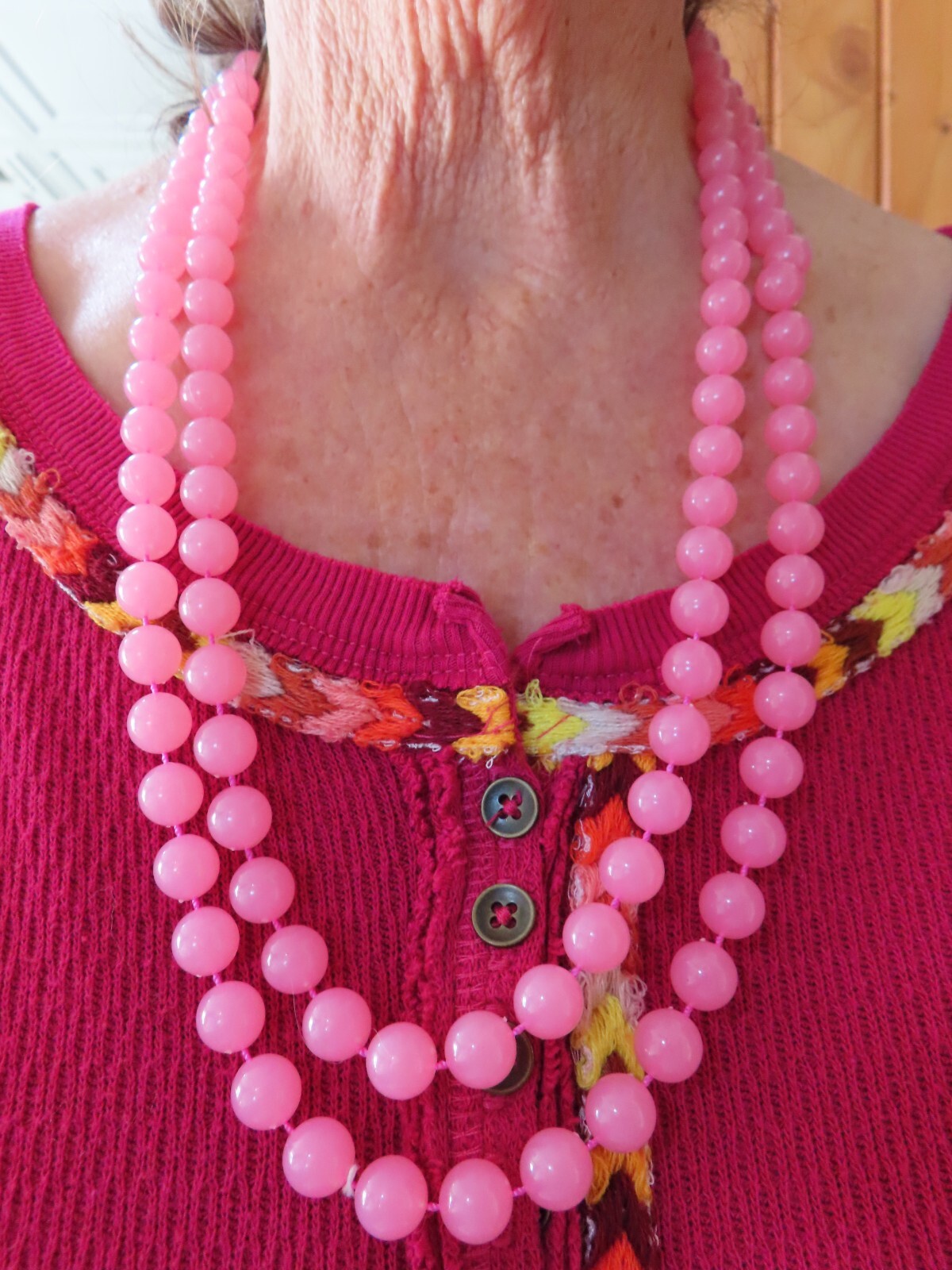 Vintage 1950’s Double Knotted Pink 52″ Wear Long or Wrap Necklace