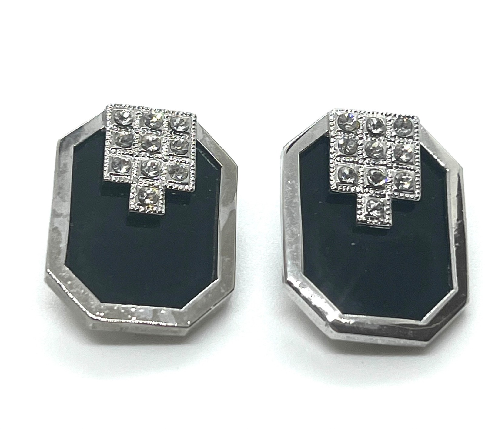 Vintage Silver Tone Clip On Earrings Black Enamel Rhinestone Geometric Octagon