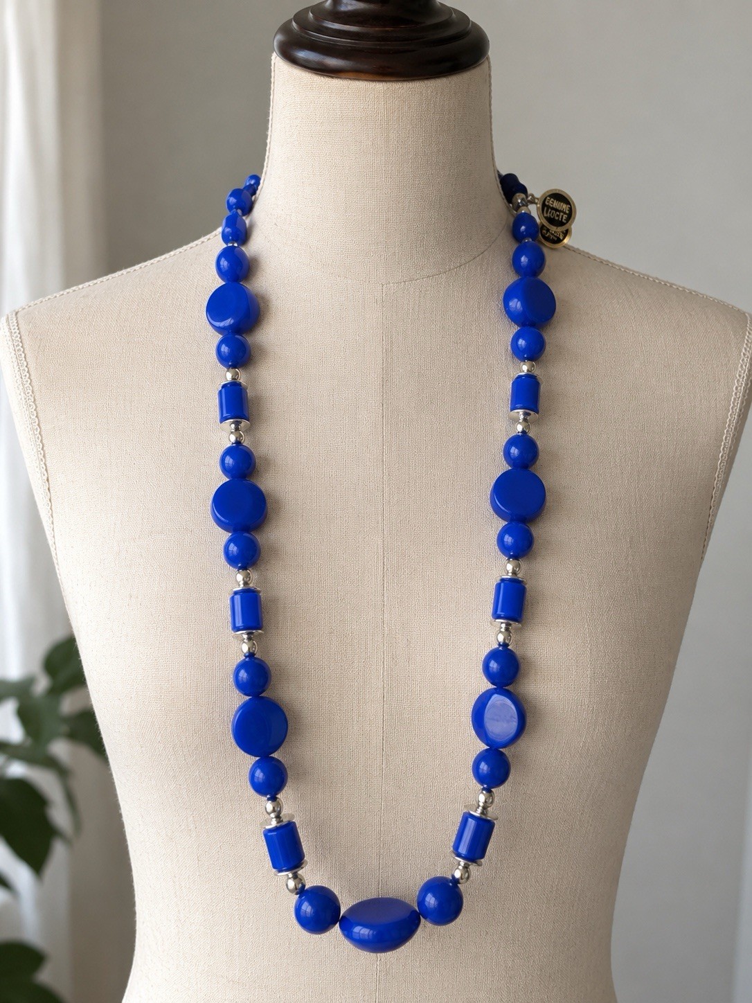 Vintage Genuine Lucite Cobalt Blue Beaded Necklace Made in Hong Kong 18” Mod