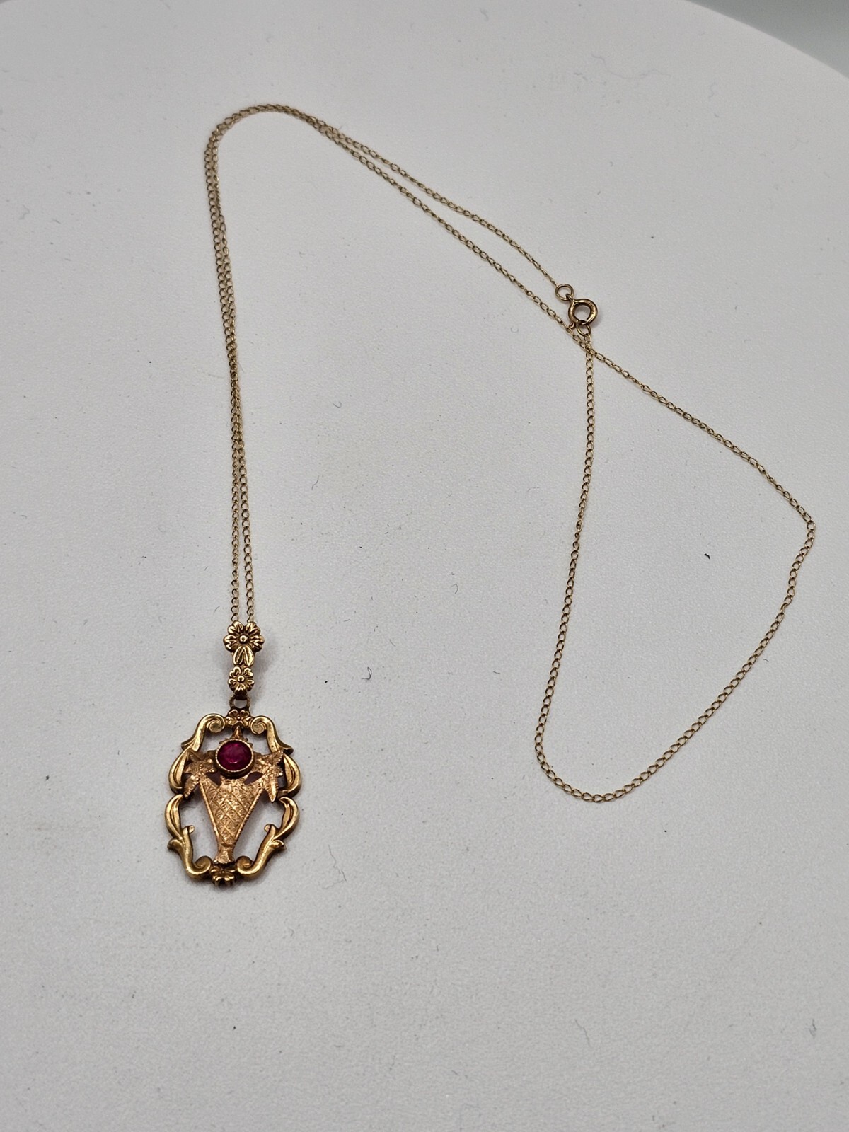 Antique 10k gold garnet Emco lavalier style pendant necklace art deco floral