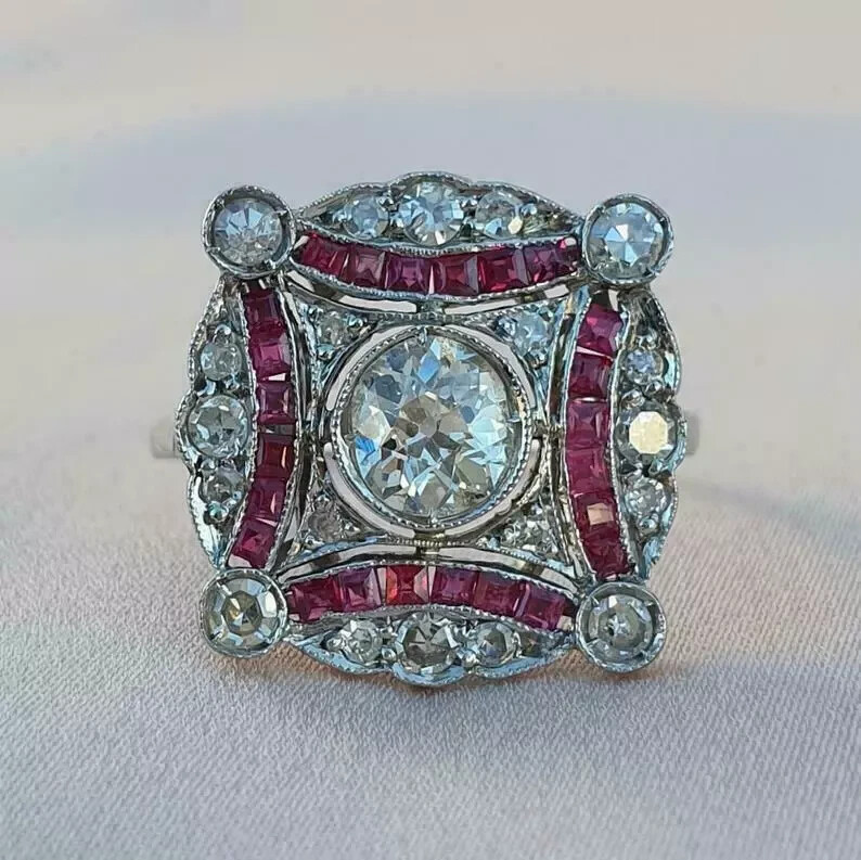 Art Deco Vintage Round Lab Created Diamond & Ruby 14K White Gold FN Wedding Ring