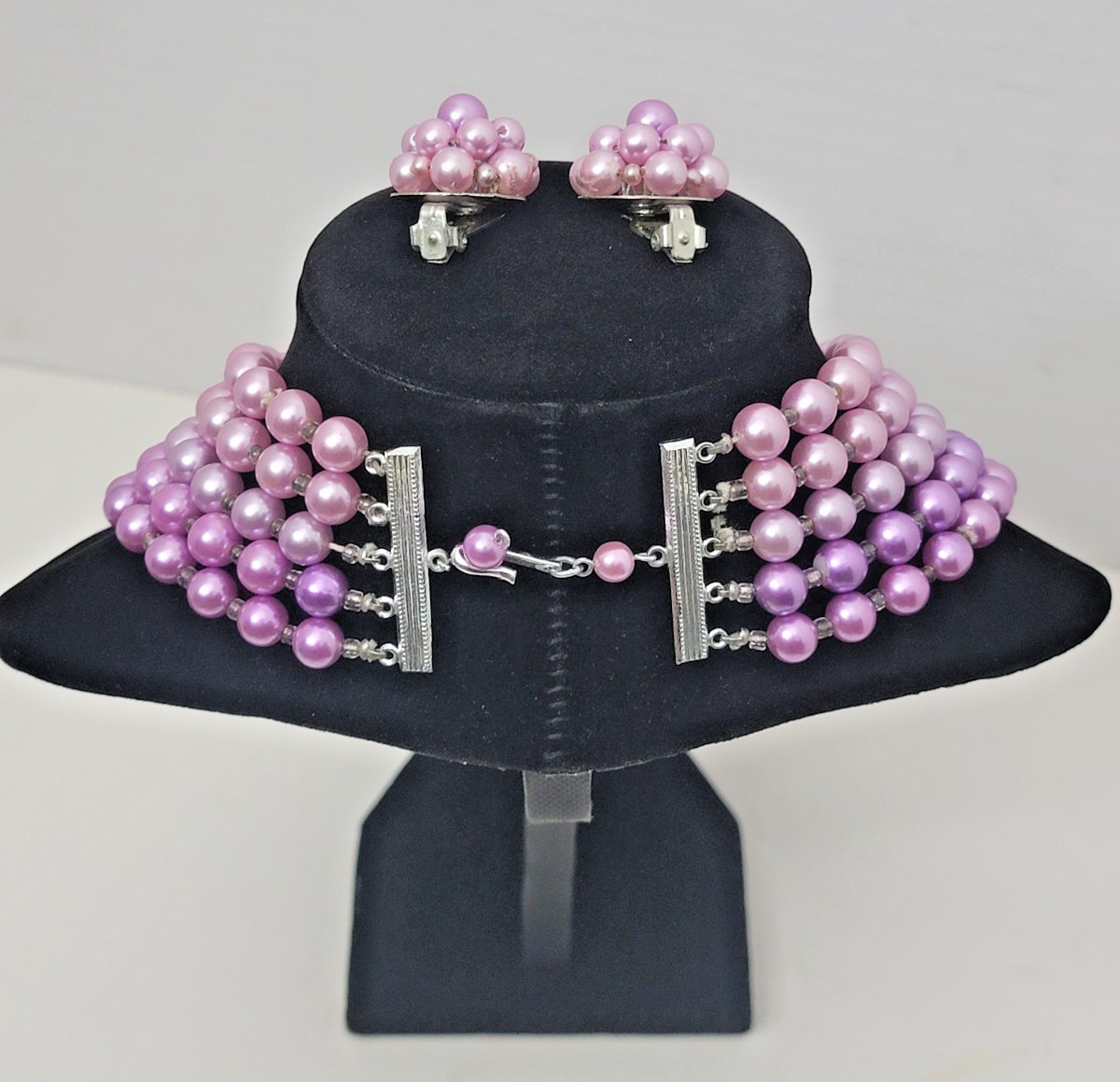 Vintage Lilac Imitation Glass Pearl Necklace & Earring set, 5 Strands