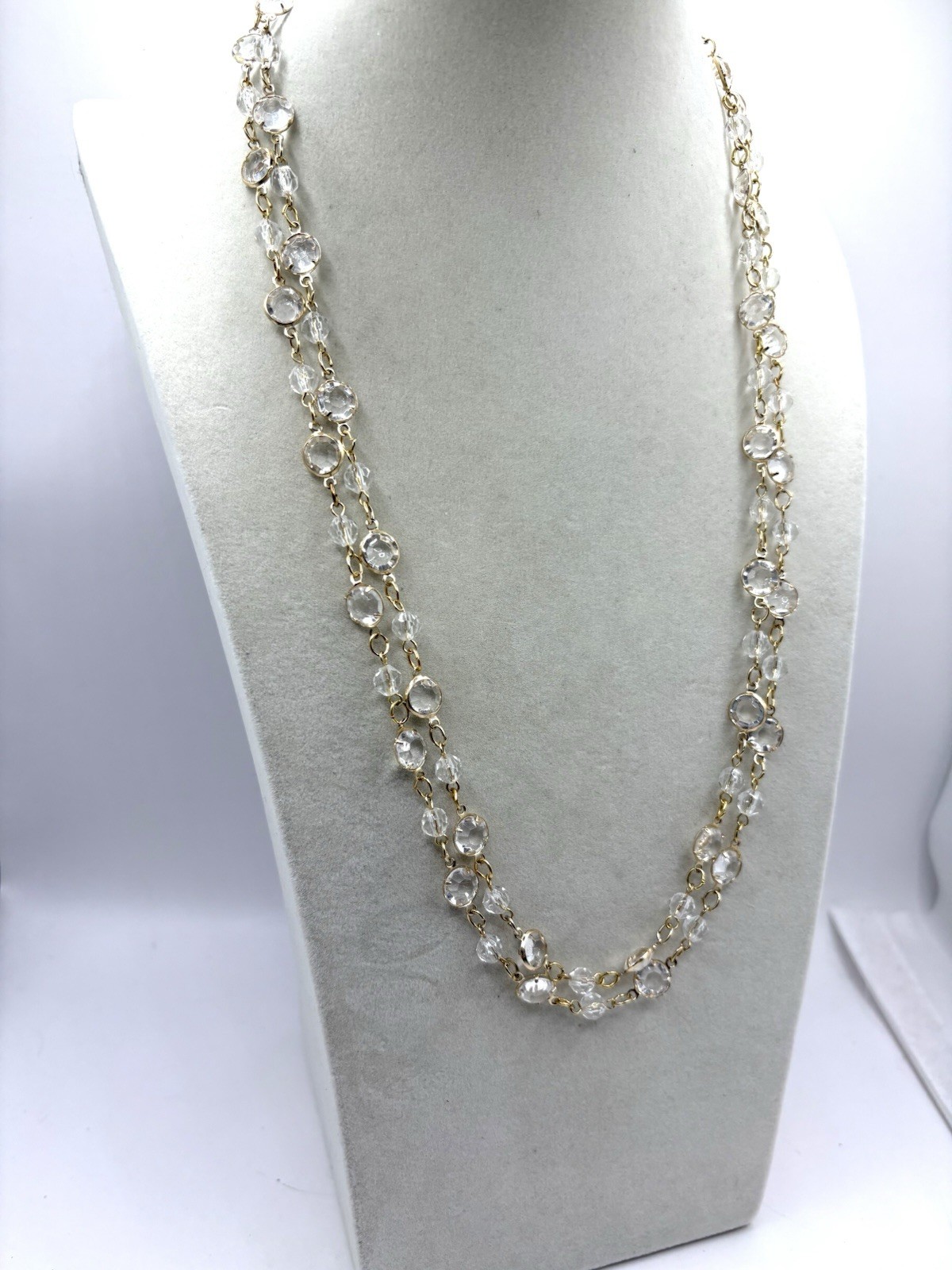 Gold Tone Bezel Set Acrylic Crystal Long Necklace VTG NOS 50”