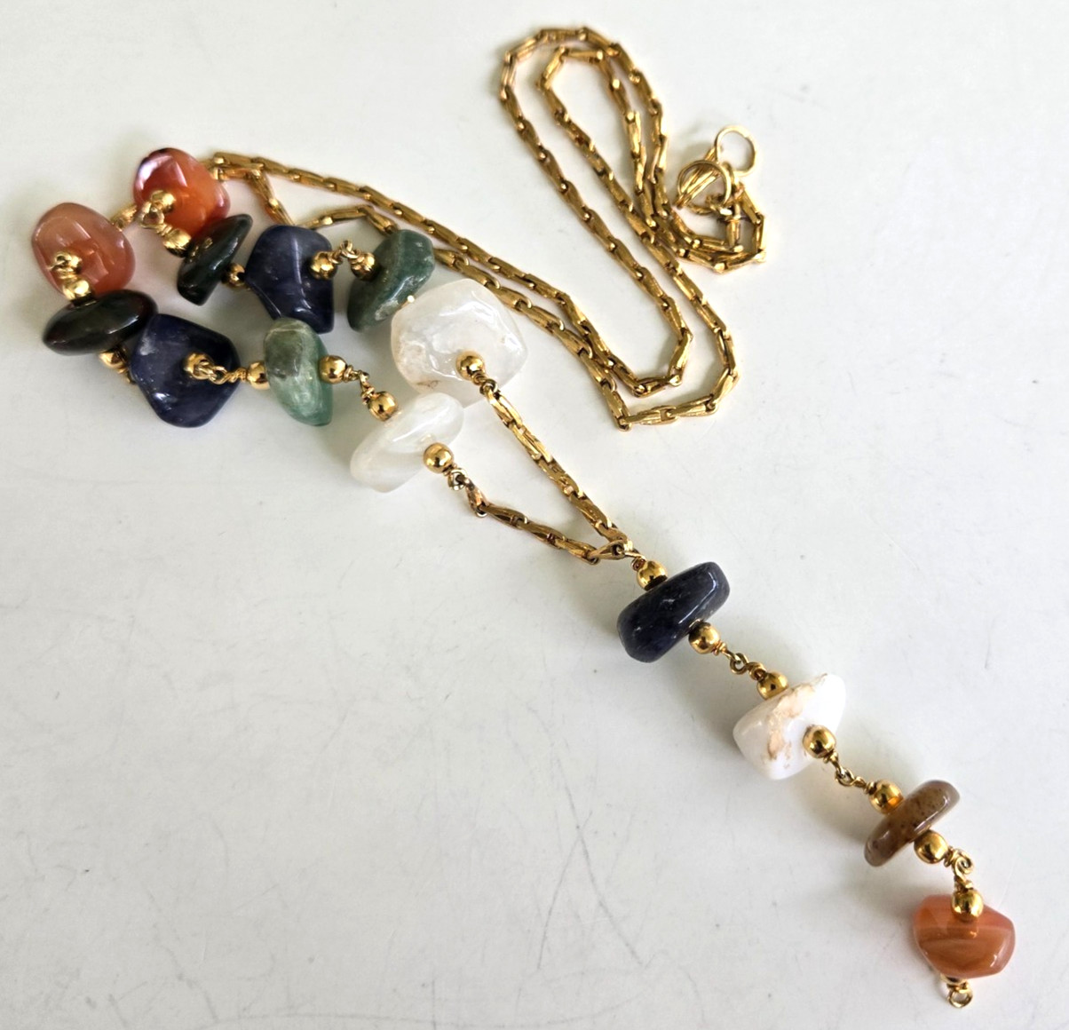 Vintage Agate Nugget Bead Gold Tone Elongated Chain Y Drop Necklace 24.75″