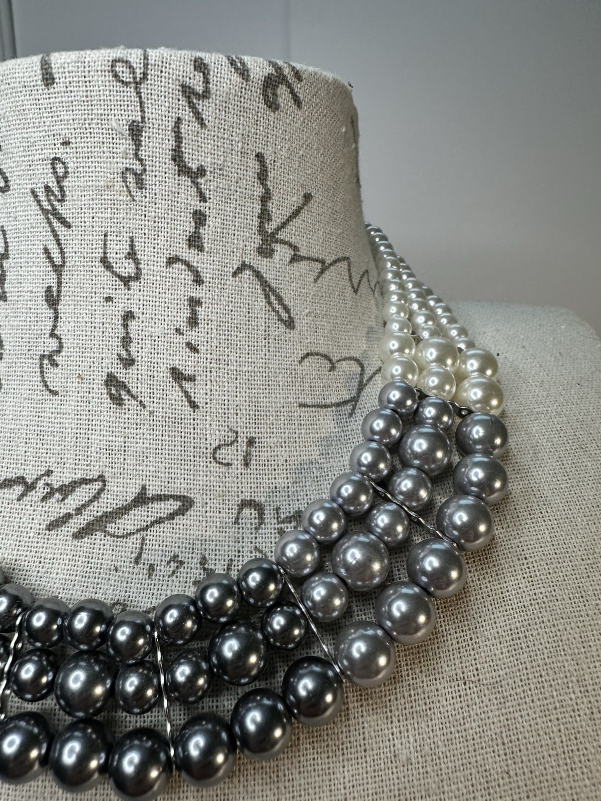 Vintage Necklace White Gray Ombre Triple Strand Graduated Faux Pearls Classic
