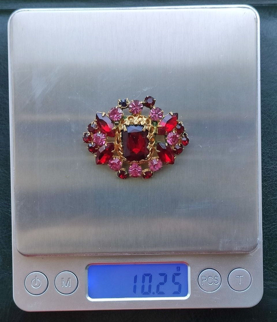 Vintage Czech Glass Brooch Red Pink Rhinestone Gold Tone Czechoslovakia Jewelry