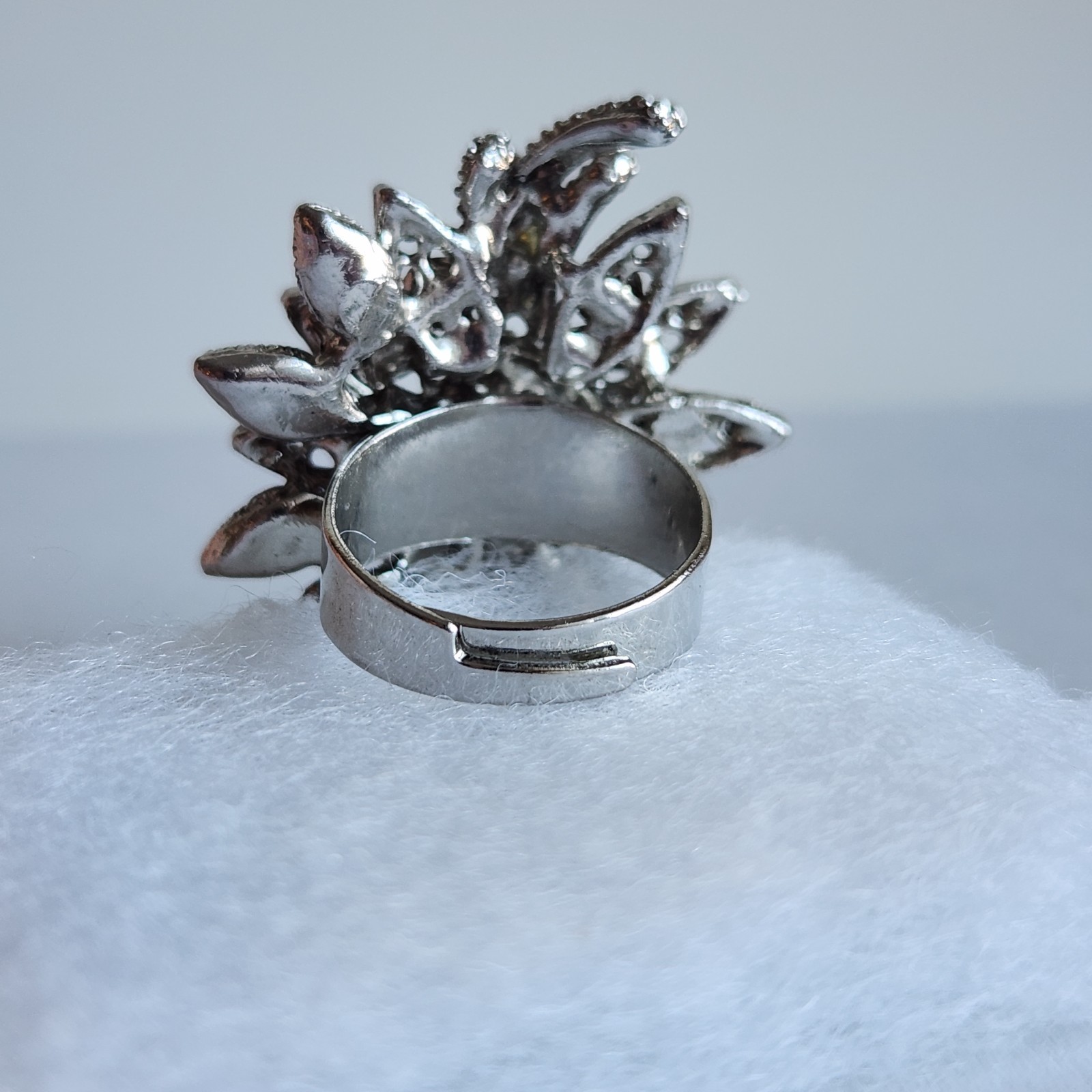 Adjustable Silver Tone Floral Rhinestone Statement Ring Smoky Crystal