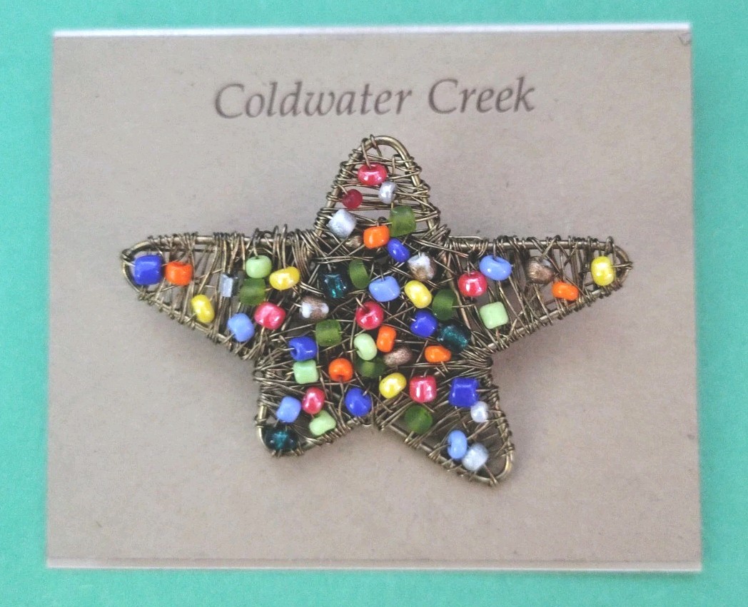 Vintage COLDWATER CREEK Wrapped Star Seed Beaded Brooch In Bronze Tone
