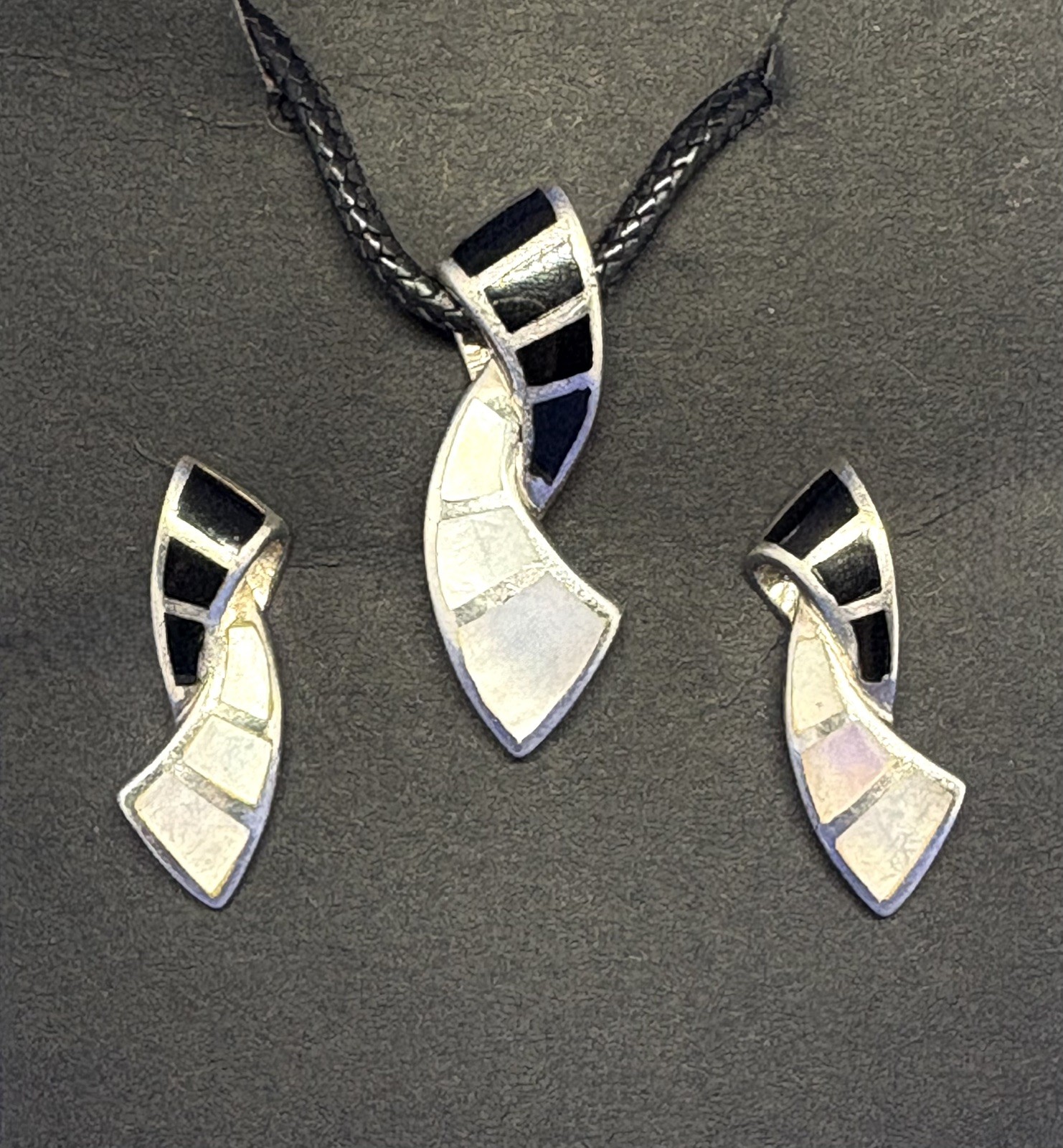 Set Pendant & Earrings 925 Sterling Silver 1970s Abalone Onyx NF Thailand