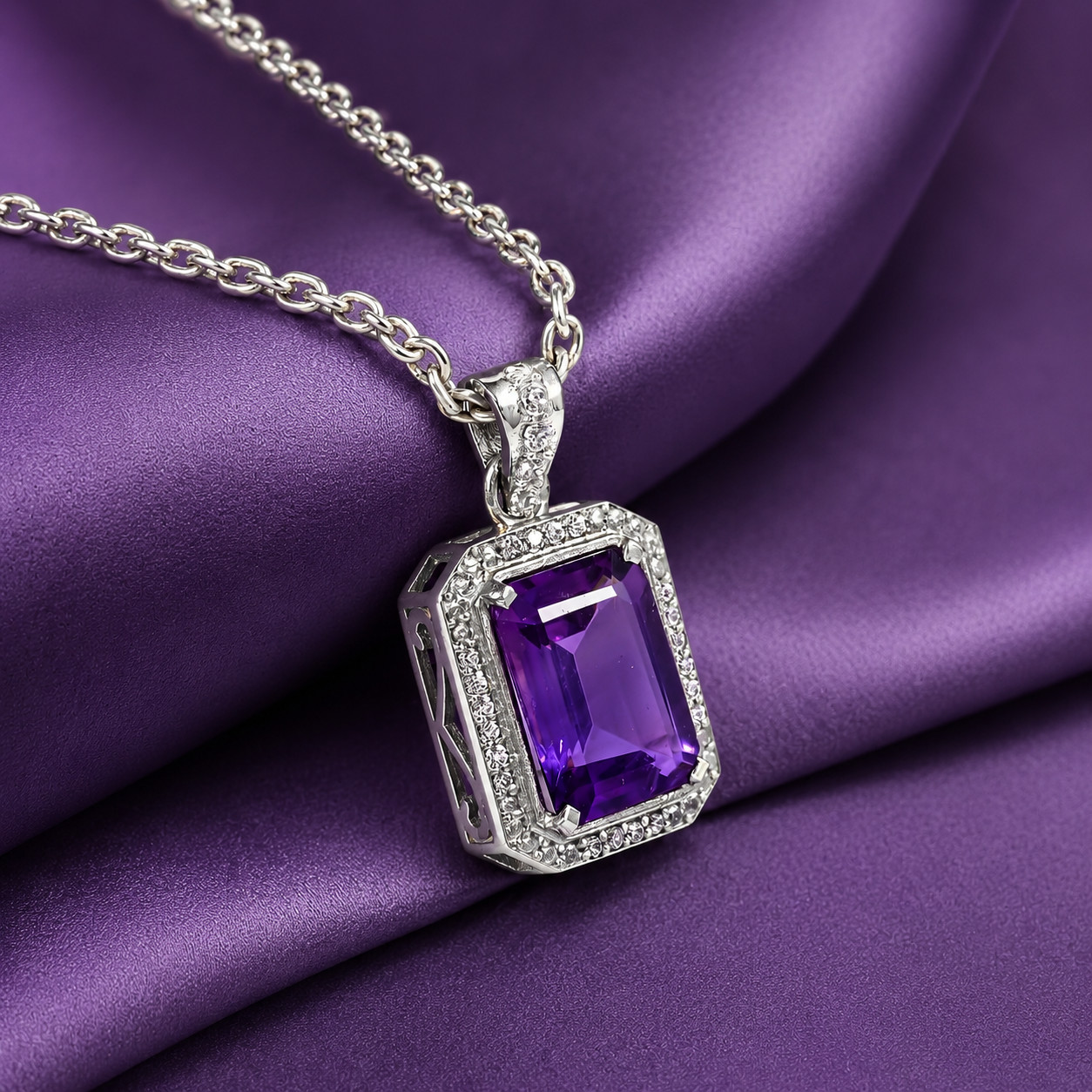 Natural Amethyst 925 Sterling Silver Pendant Emerald Cut Halo Purple Jewelry