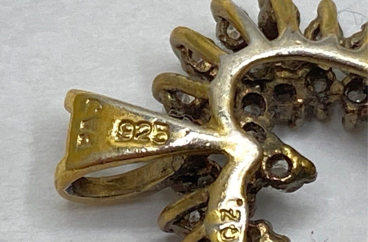 Vintage 925 Sterling Silver Gold Vermeil CZ Starburst Brooch Heart Pendant Set