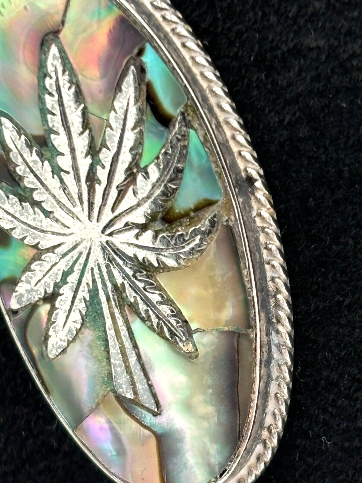 MidCentury Mexico Taxco Sterling Silver 925 Hemp & Abalone Pendant w/metal Chain