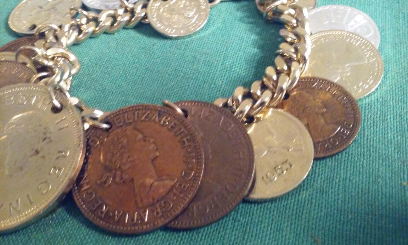Vintage 15 RARE 1950’s Coin Charm Bracelet South Africa, India, Osterreich 8″