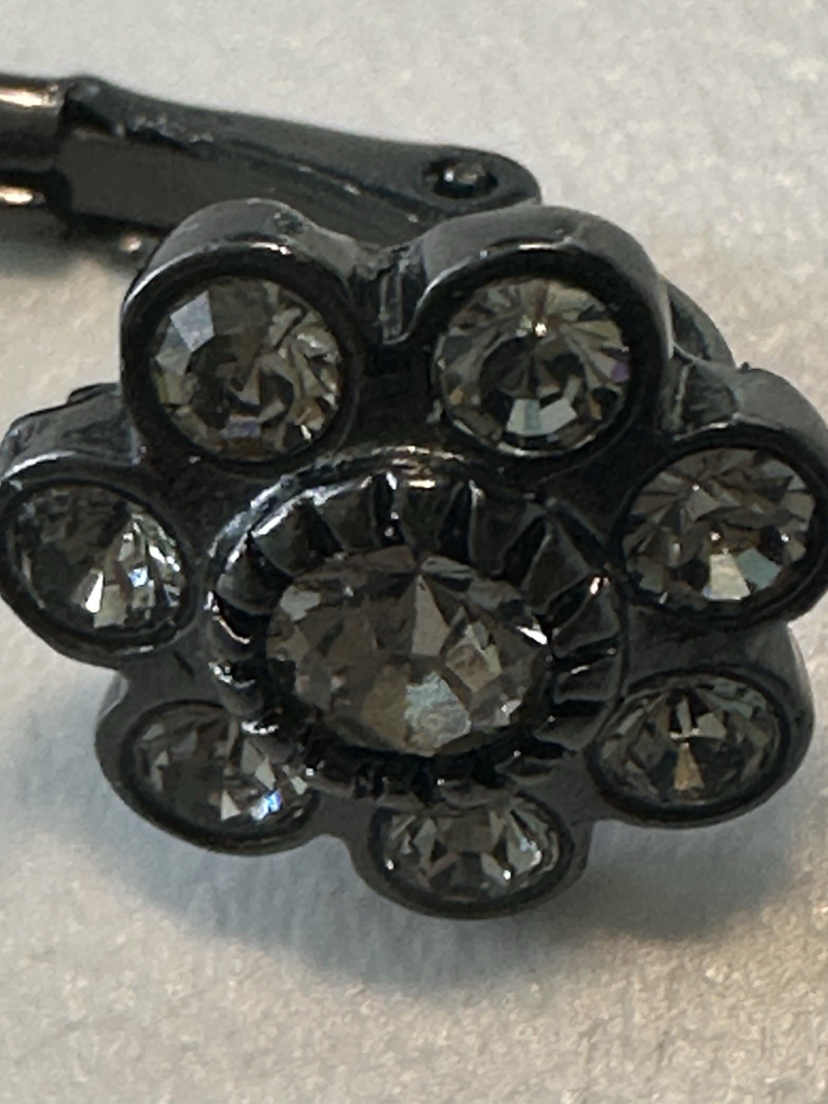VTG Dark Grey Drop Leverback Earrings W/Crystals in a Floral Shape/Pierced Ears
