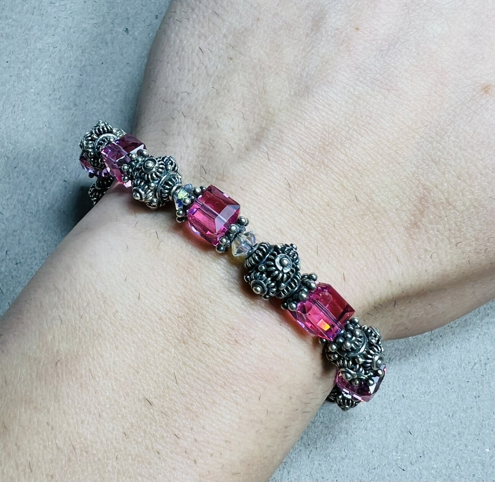 Ster Silver Artisan Crafted Bali Pink Bead & Silver Beaded Wire Bracelet 7” 30g