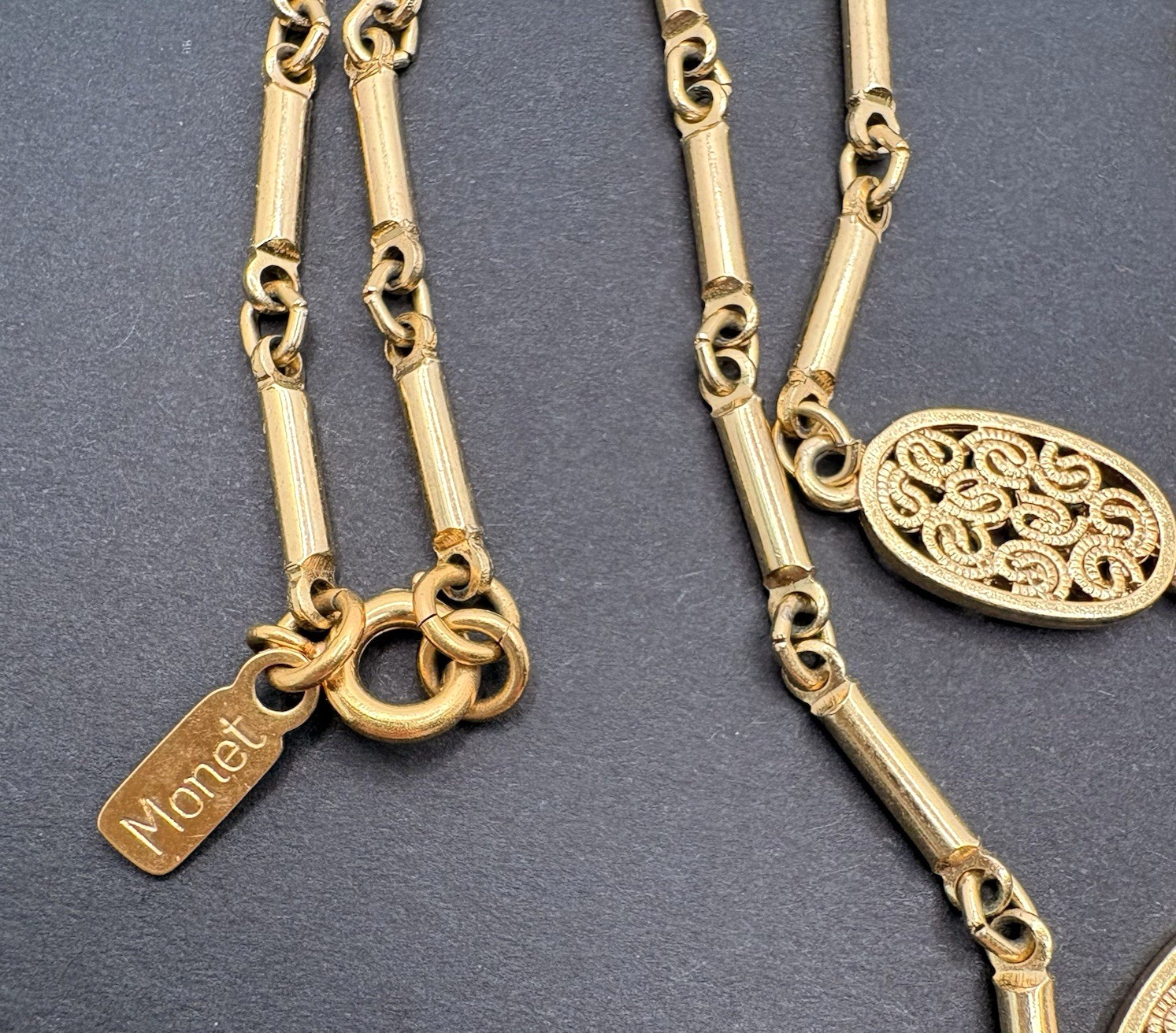 Vintage Monet Oval Filigree Station Bar Link Gold Tone Chain Necklace 57″ Long