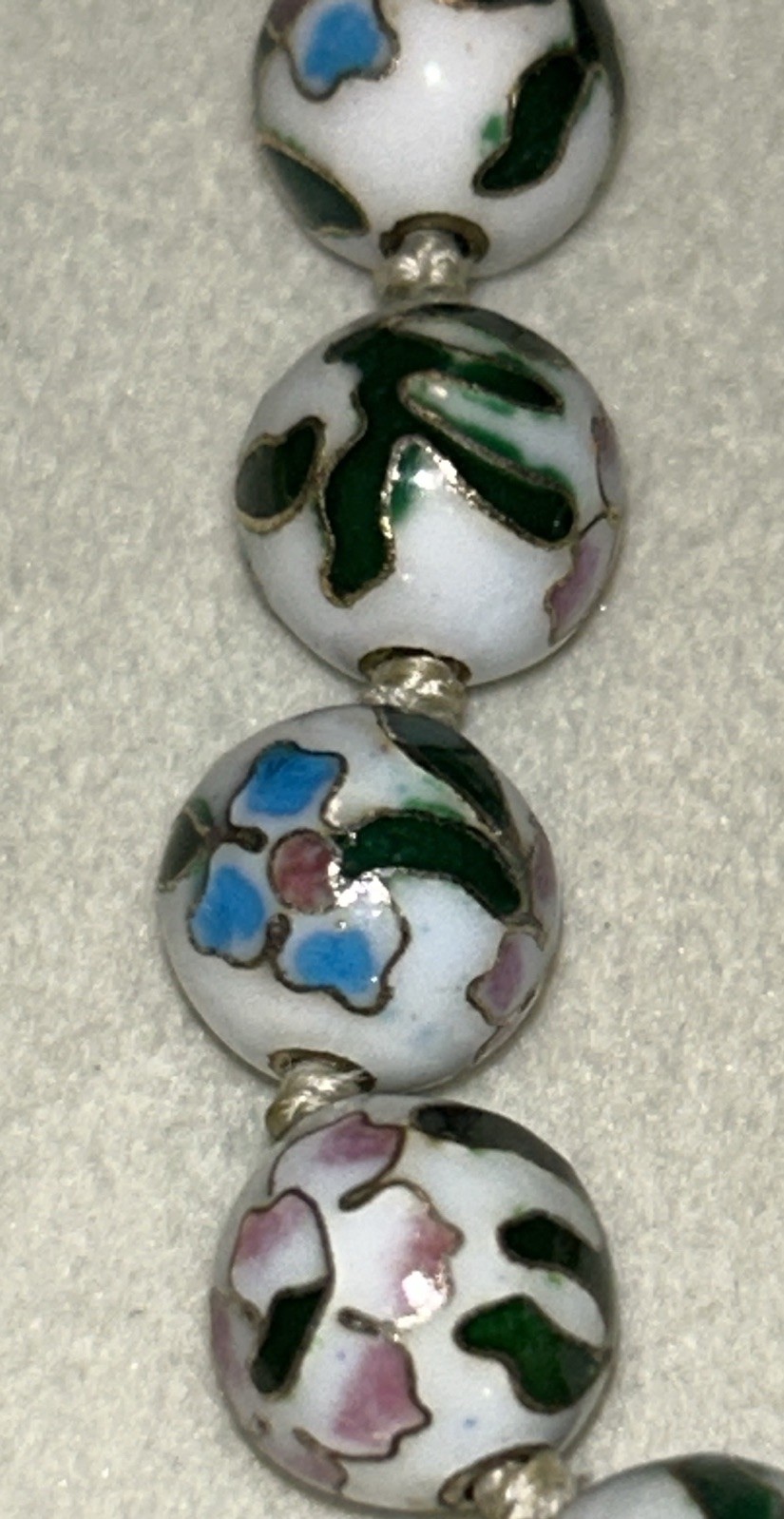 Vintage Cloisonné Enamel Beaded Necklace White Floral Hand Knotted 24” 1960s MCM