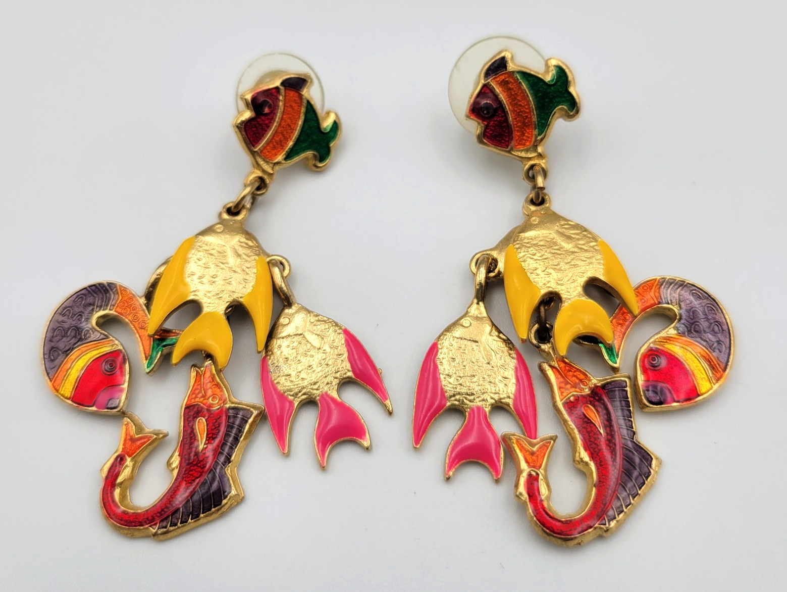 Vintage Don-Lin Enamel Tropical Fish Dangle Drop Earrings Pierced Gold Tone