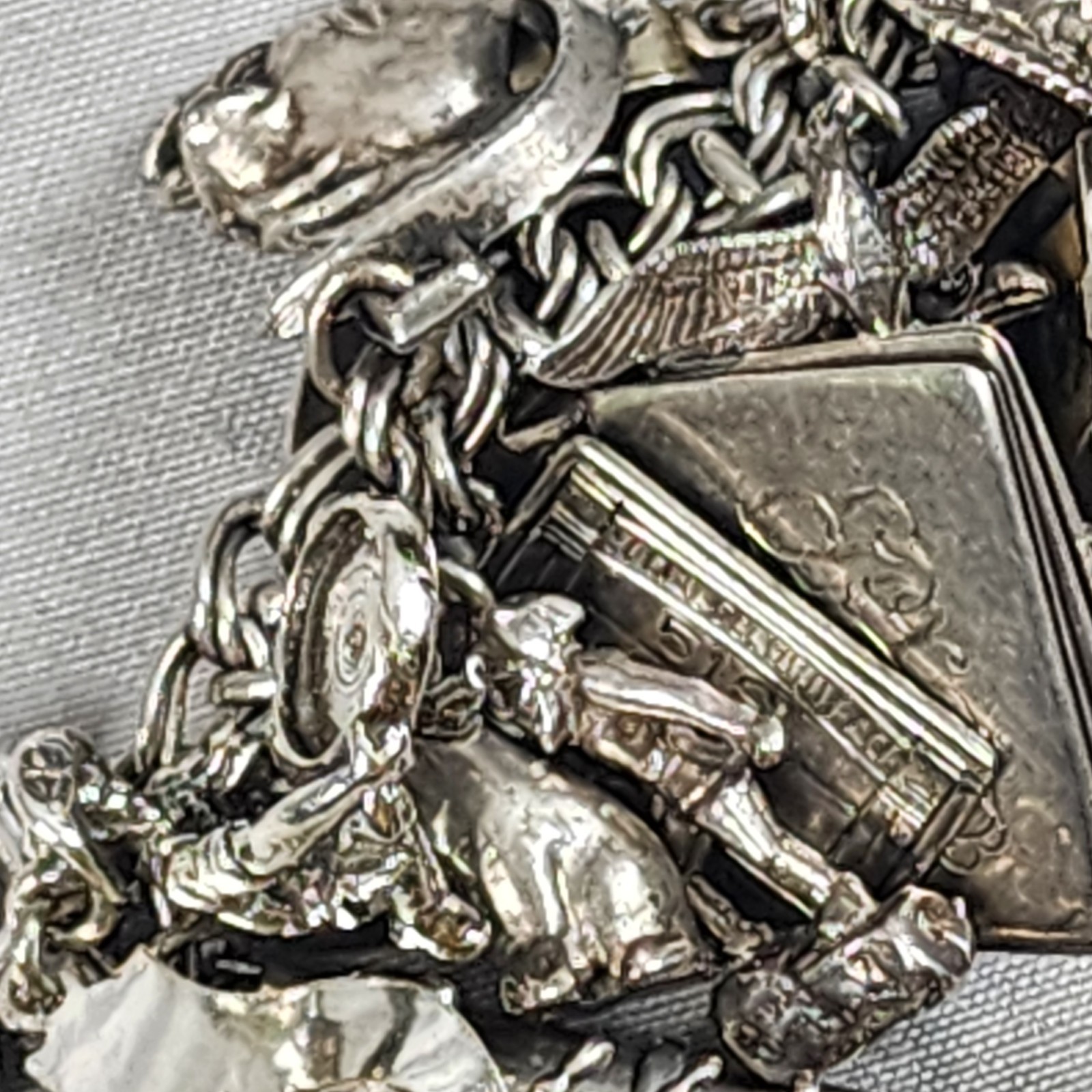 VTG Charm Bracelet 50+ Charms Sterling + Mixed Metals Movable Parts Estate Sale