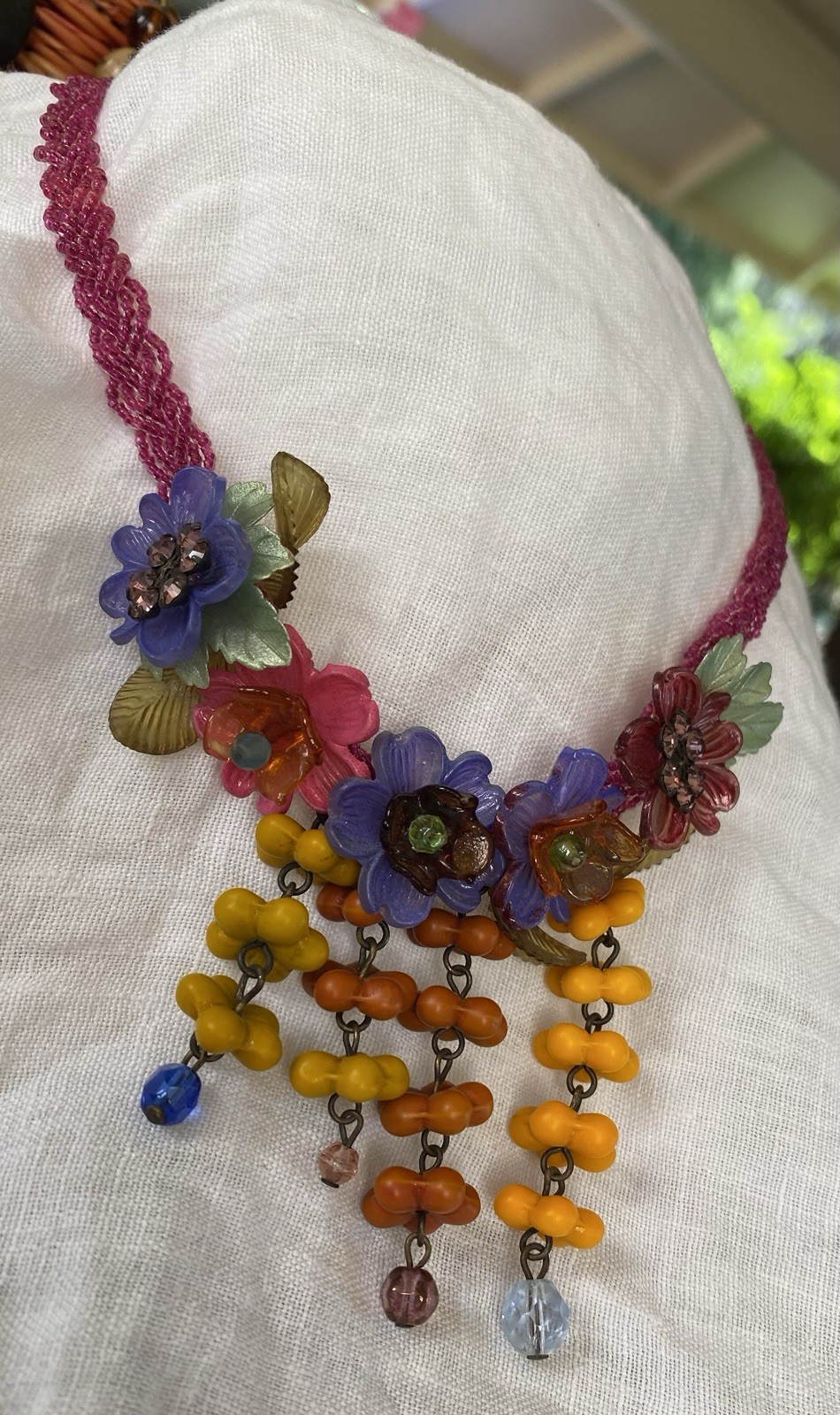 Vintage Glass & Lucite Beaded Floral Necklace with Rhinestone Accents 14-16” Adj