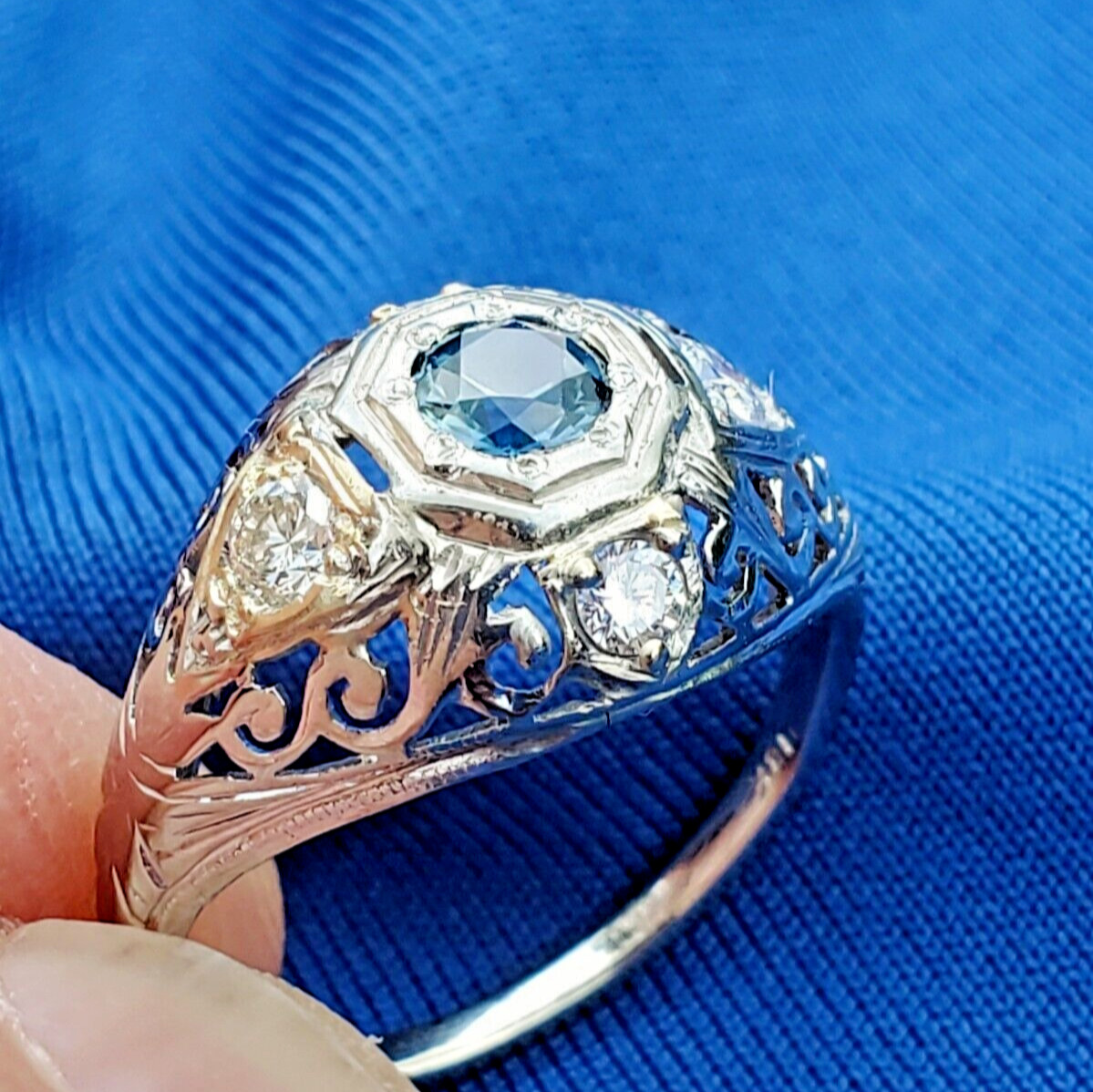 Original EARTH MINED SAPPHIRE DIAMOND Deco Engagement Ring Vintage Solitaire 14K
