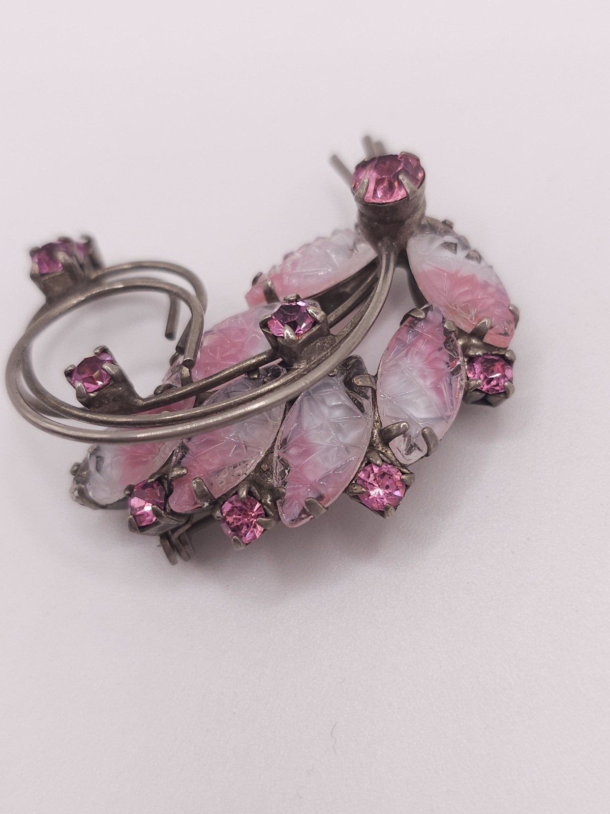 VTG Pink Givre Molded Glass Rhinestone Brooch Spray Silver Tone