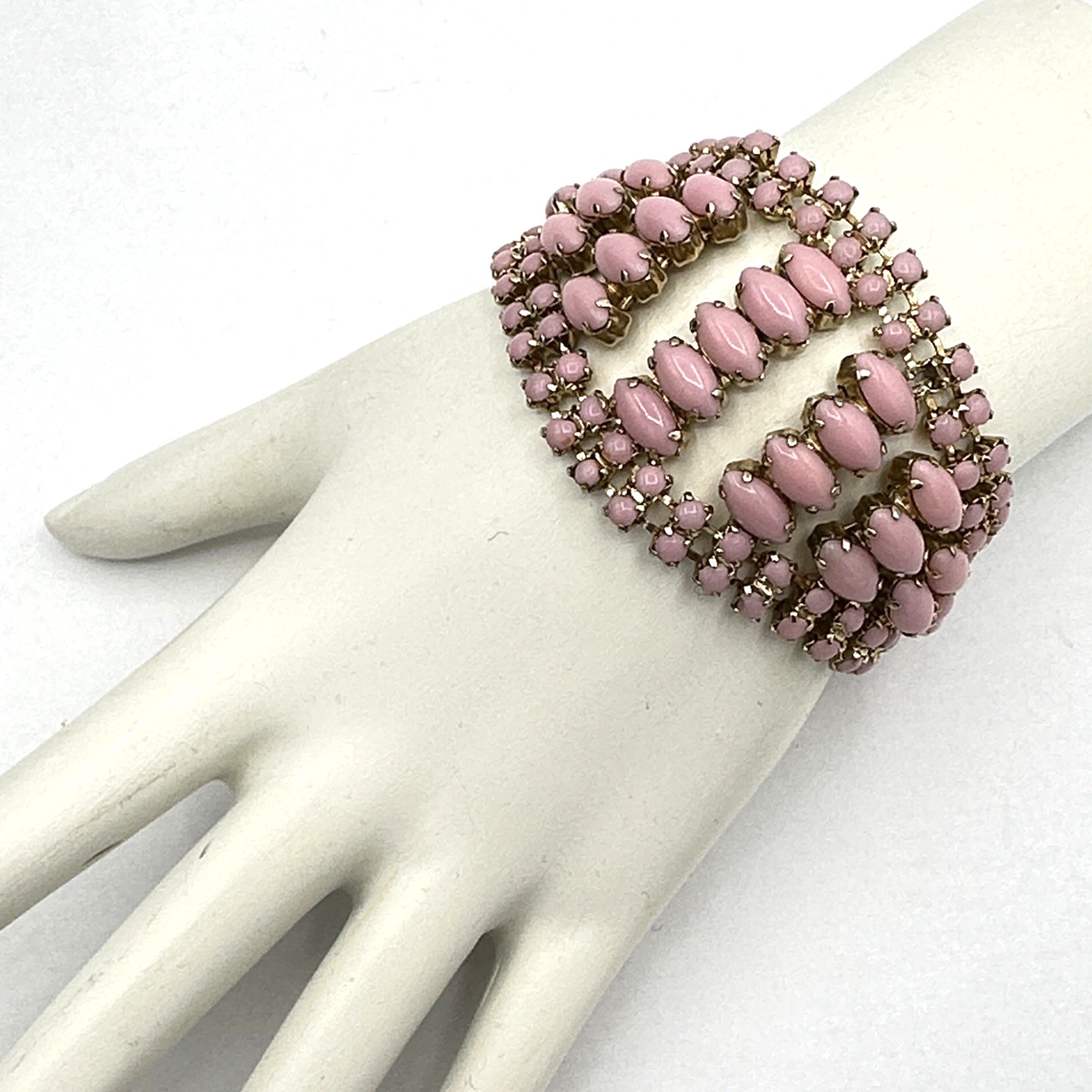 PINK cabochon vintage bracelet – 6.75″ prong-set glass wide pastel – READ