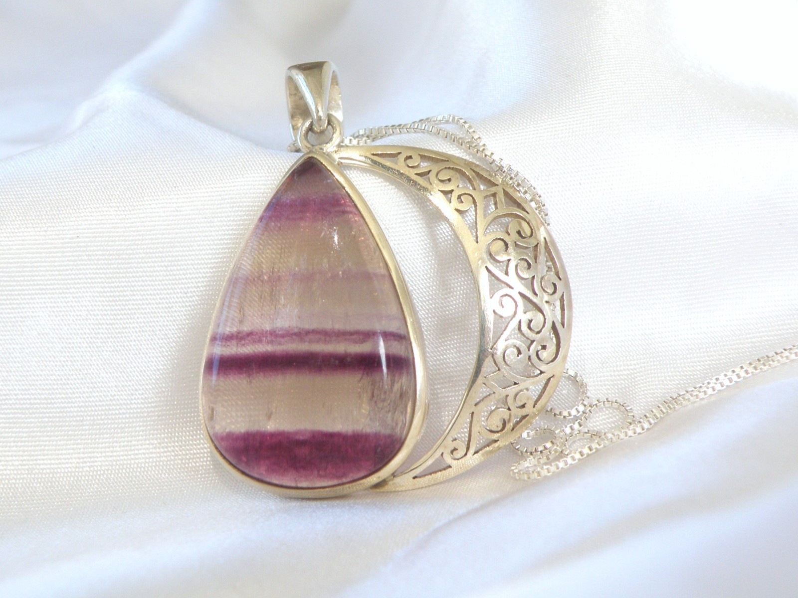 Large Sterling Silver 925 Fluorite Crescent Moon Pendant Necklace