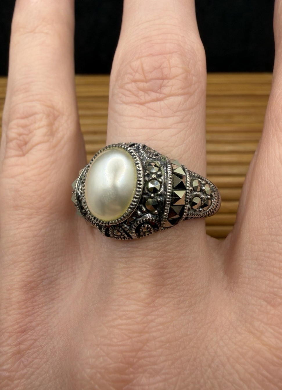 Vintage Judith Jack Sterling Silver Marcasite and Faux Pearl Ring