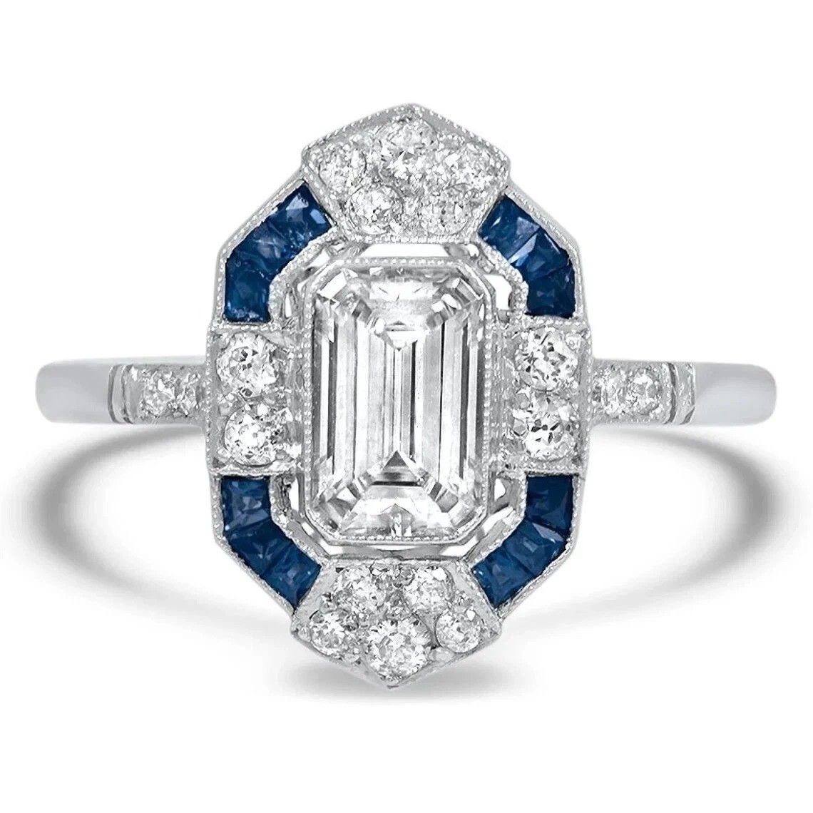 Art Deco Emerald Cut Lab Created Diamond & Sapphire Engagement 925 Silver Ring