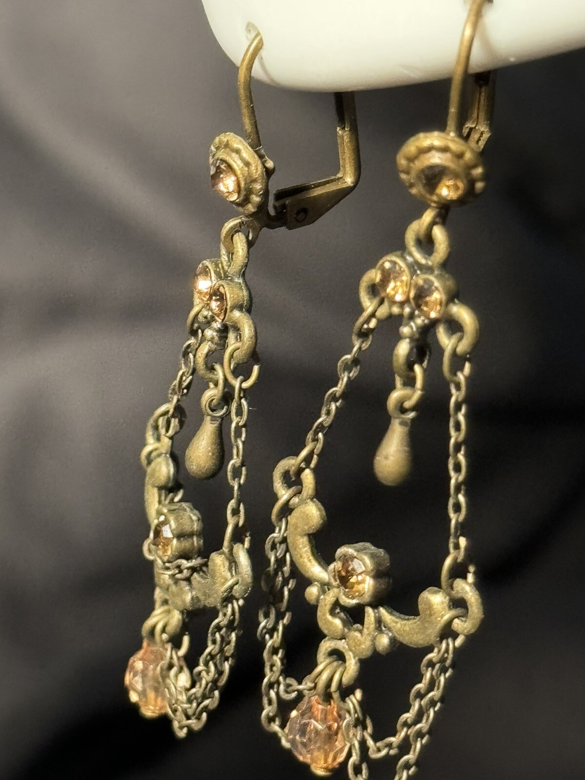 Antique Chandelier Peach Beads Earrings Alloy Metal Self Clasp Beautiful 2inch