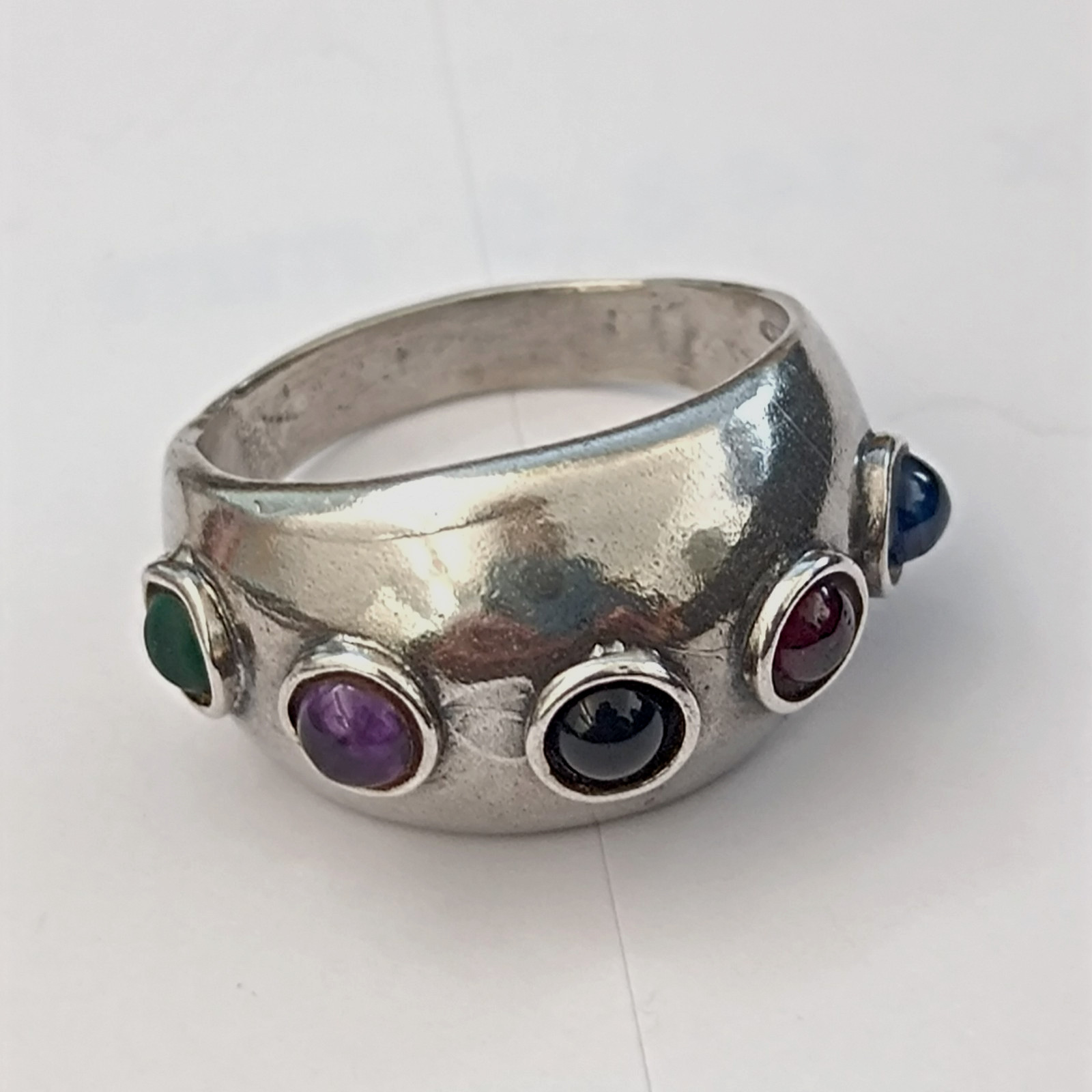 Modernist Gemstone Dome Ring Sterling Silver Cabochon Band Boho Israeli Artisan