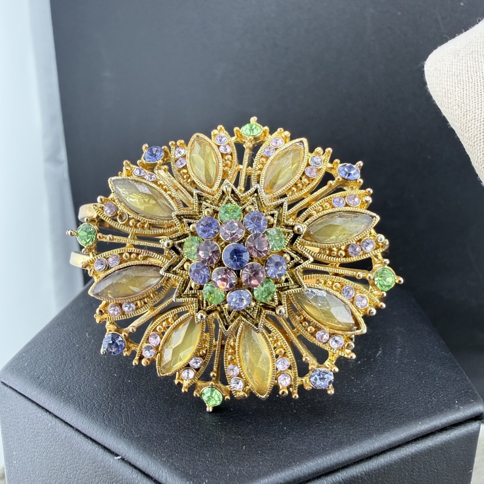 Vintage Rhinestone Hinged Bangle Flower Gold Tone Spring 6”