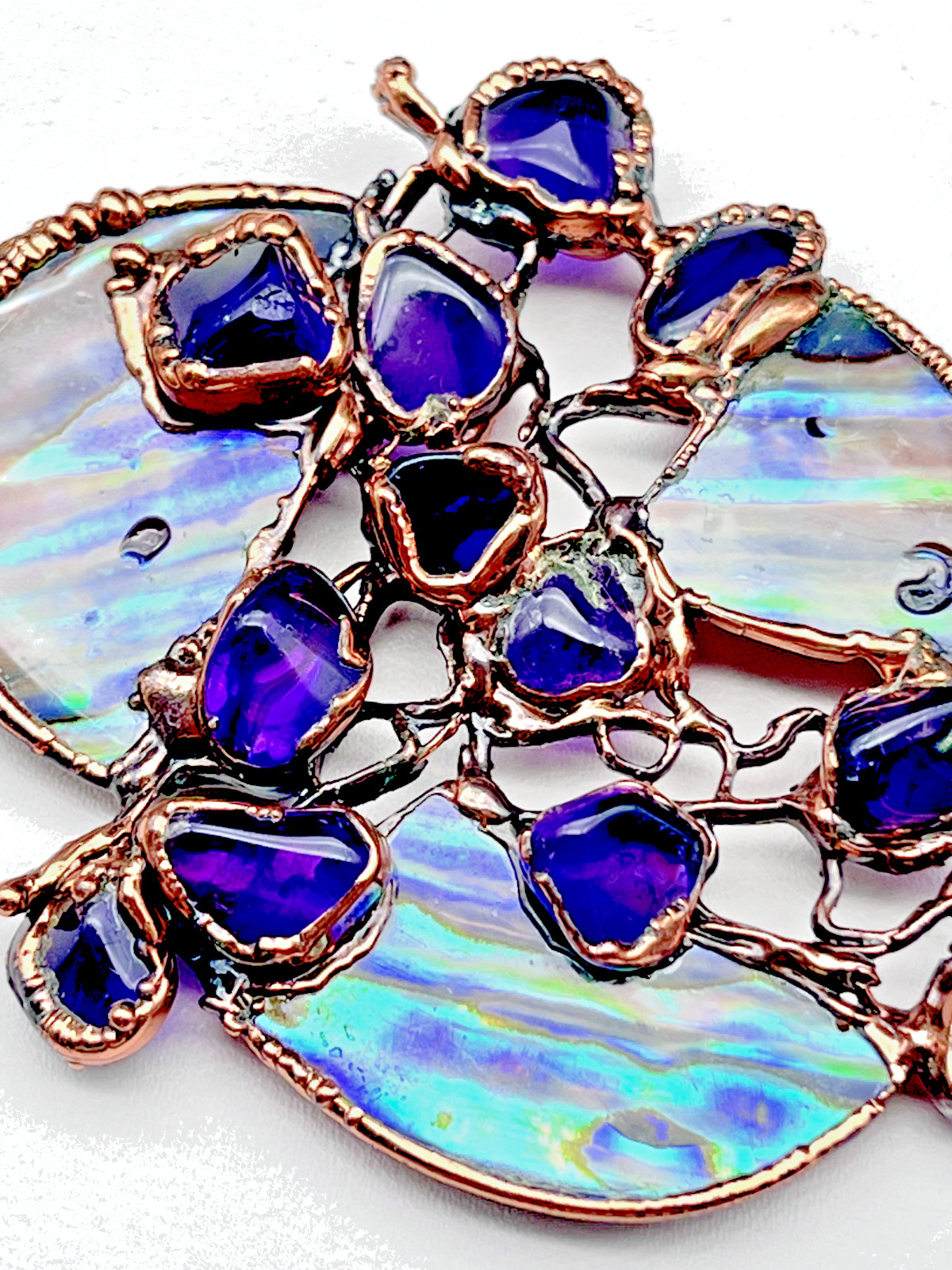Artisan LG Purple Amethyst Stone Abalone Shell Copper Bezel Set Pendant Handmade