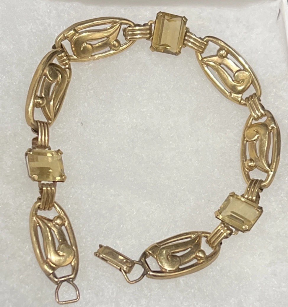 Vintage 1/20th 12K Gold Filled Link Bracelet w Yellow Stones—8.25” Long