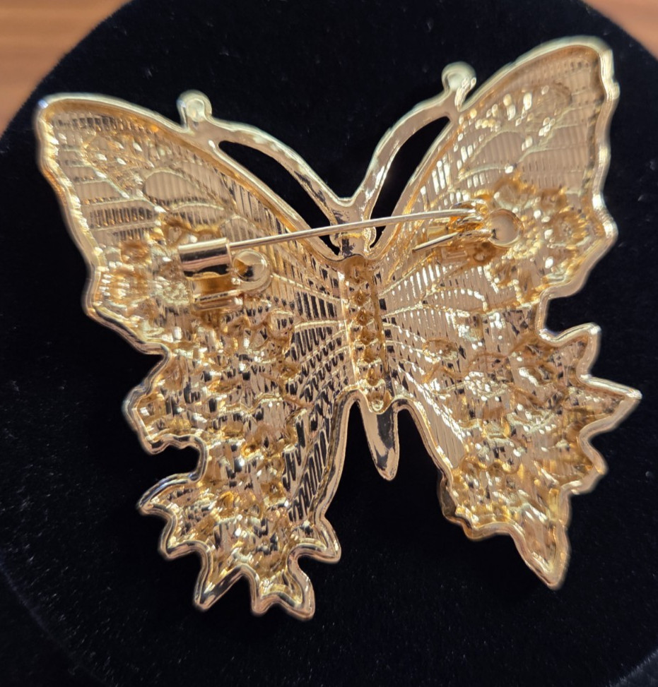 Blue Butterfly Brooch Gorgeous 3D Art Gold Tone & Rhinestones in Pink Gift Pouch