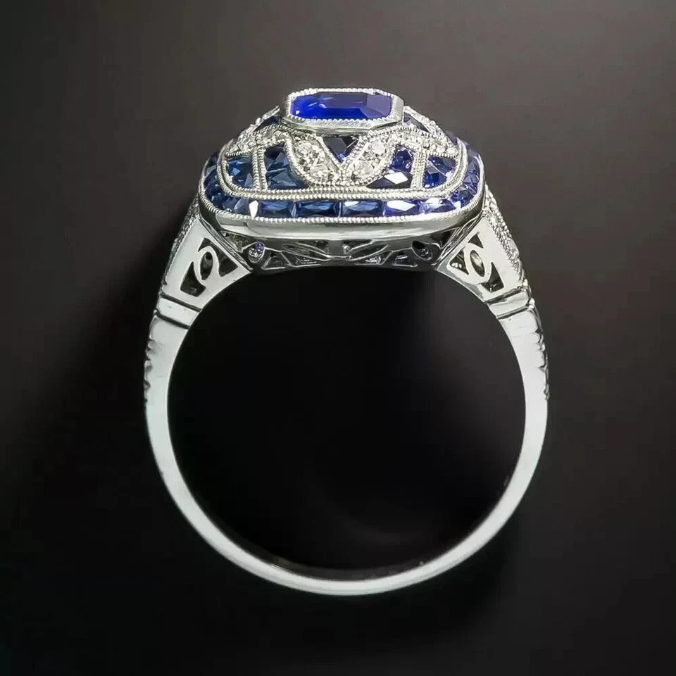 Classic Art Deco Style Emerald Lab Created Diamond 925 Silver Engagement Ring