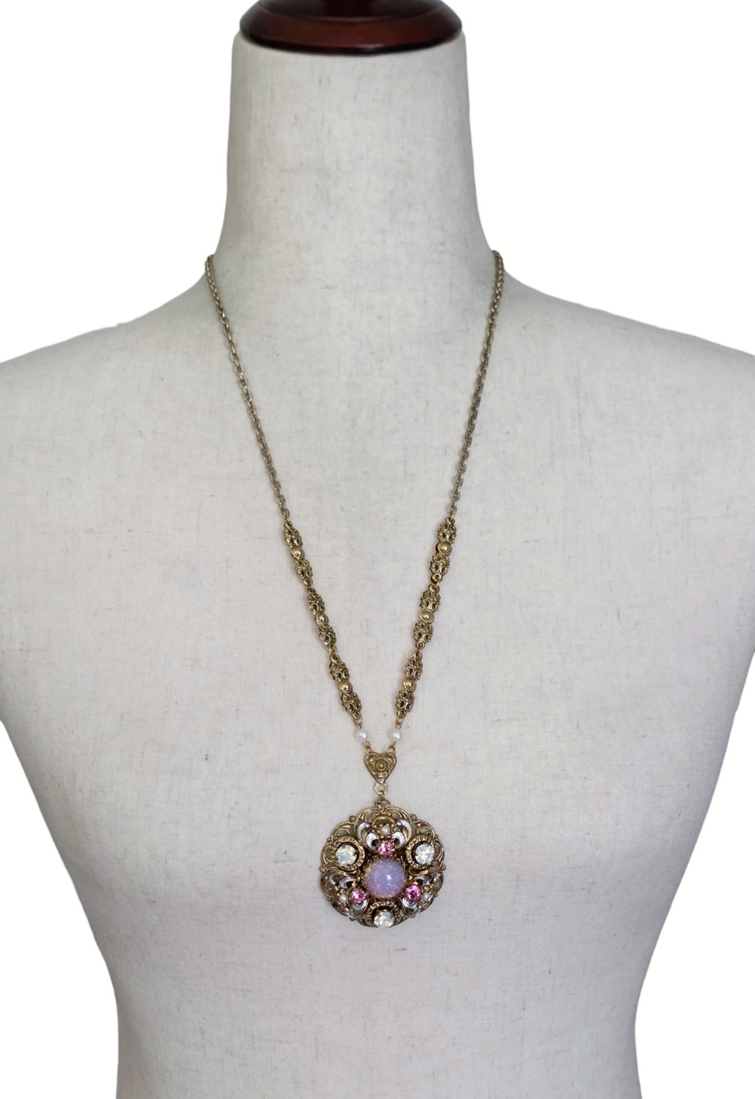 Vtg West Germany Filigree Pendant Necklace Pink Faux Opal Rhinestone Pearl