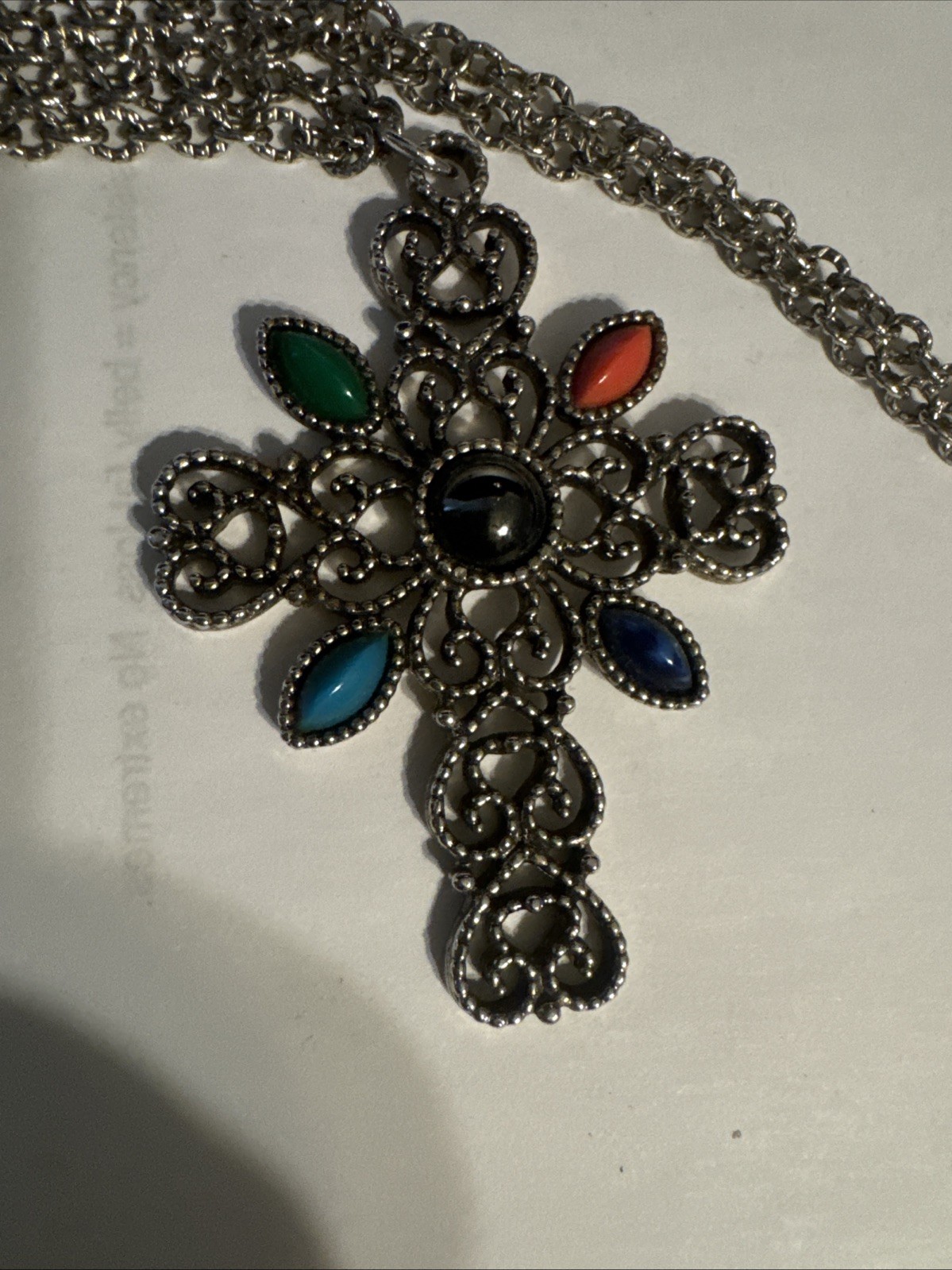 Vintage Avon Multicolor Silvertone Cross Pendant W/24″ Chain